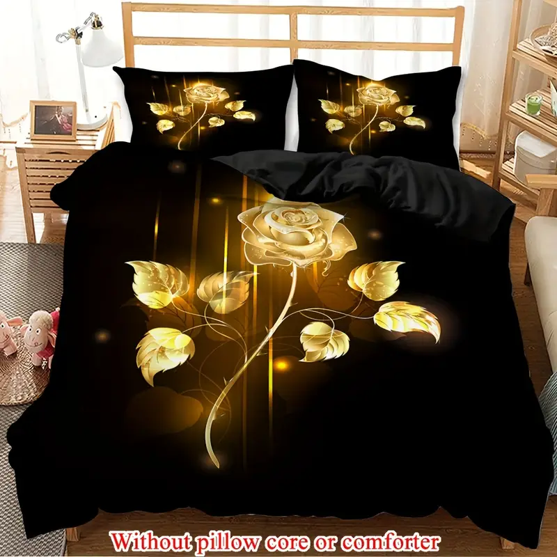 2 3pcs 1 duvet cover 1 2 pillowcase without core golden rose flowers romantic valentines day branch flower garden couple print soft comfortable bedding set for bedroom dorm room family gift Product details 0