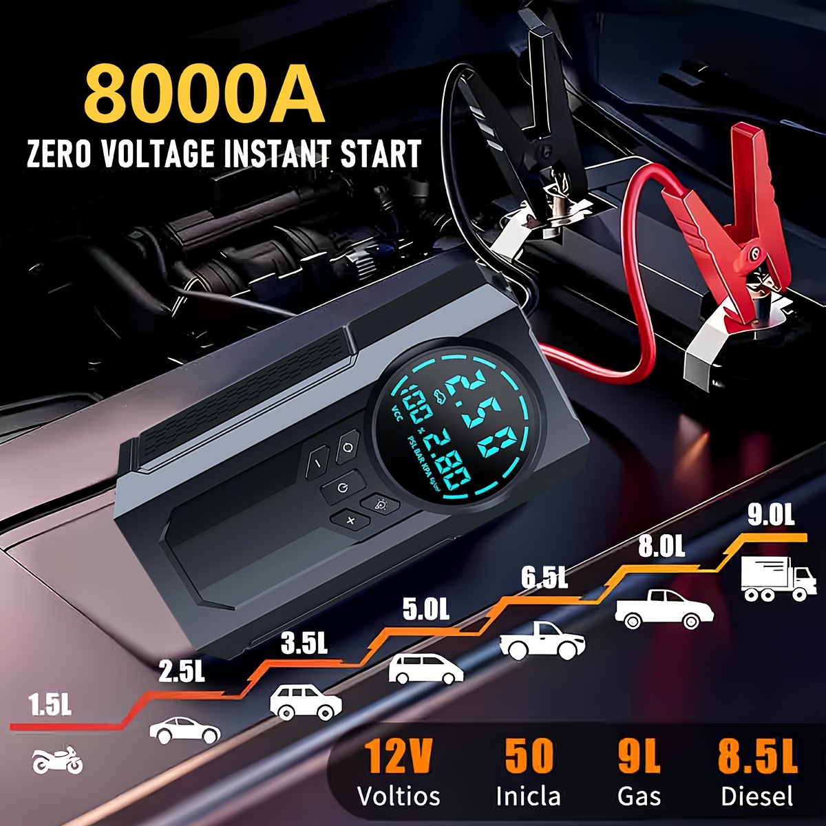 auxiliar de emergência para carro, 8000a com compressor de ar, inflador de pneus 180psi, bateria capacidade incorporada de 8000mah, visor digital, monitorização da pneus, 3 de iluminação led - adequado para de 9.99l ou de 9.01l Detalhes do produto 1
