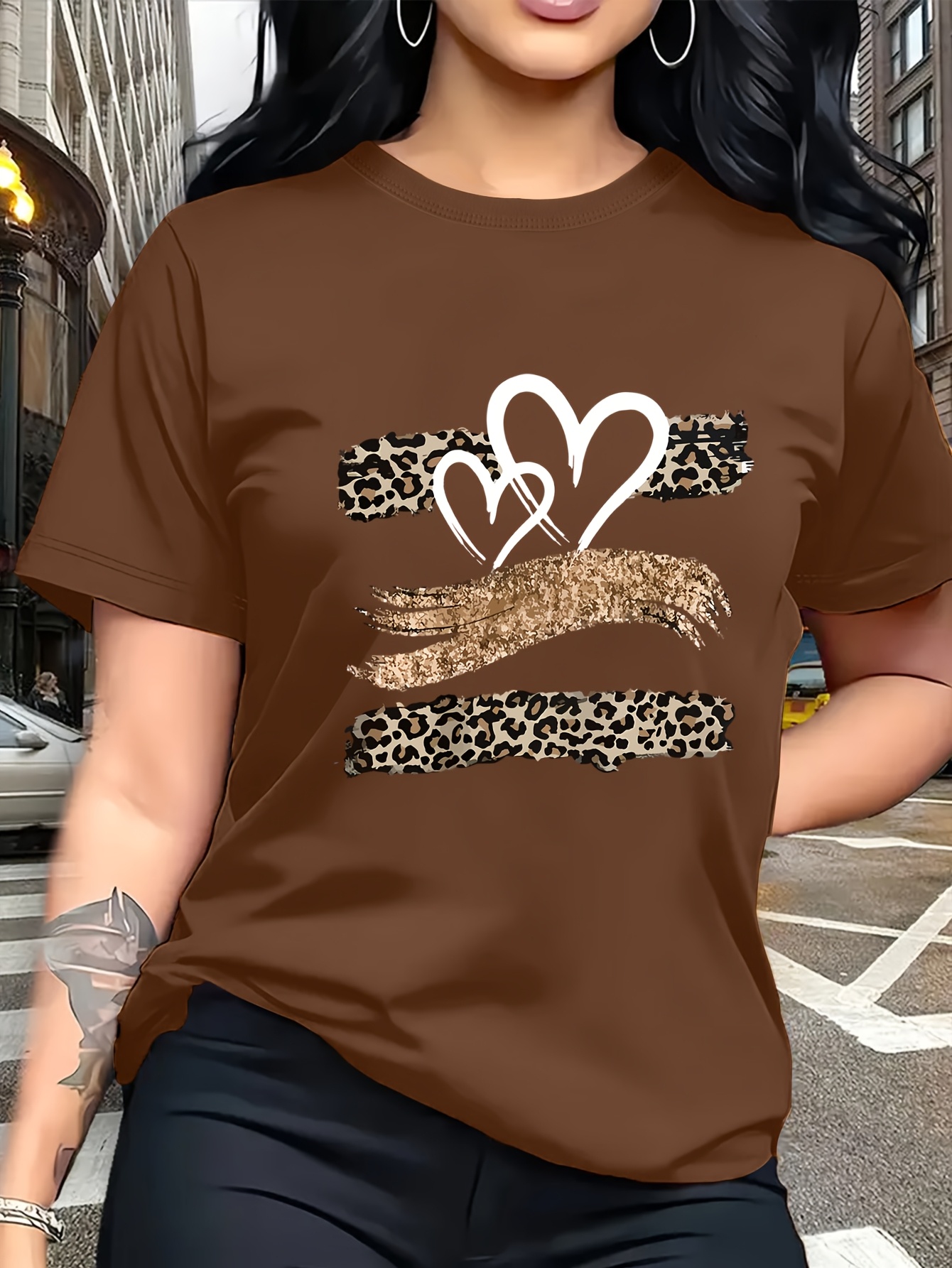 Leopard Print Heart Glitter-themed Pattern Print, Fashionable Breathable T-shirt, for Family Travel,, Casual S, Daily Commutes, Matching Outfits for Sisters, Versatile T-shirt 30057