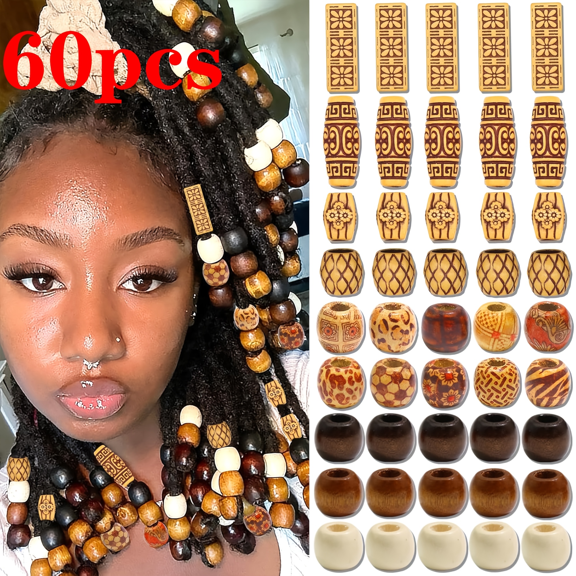TEMU 60pcs Hair Beads Large Hole Tube Beads Loc Dreadlock Jewelry Additions Multi-style Braiding Beads African Retro Women's Hair Jewelry