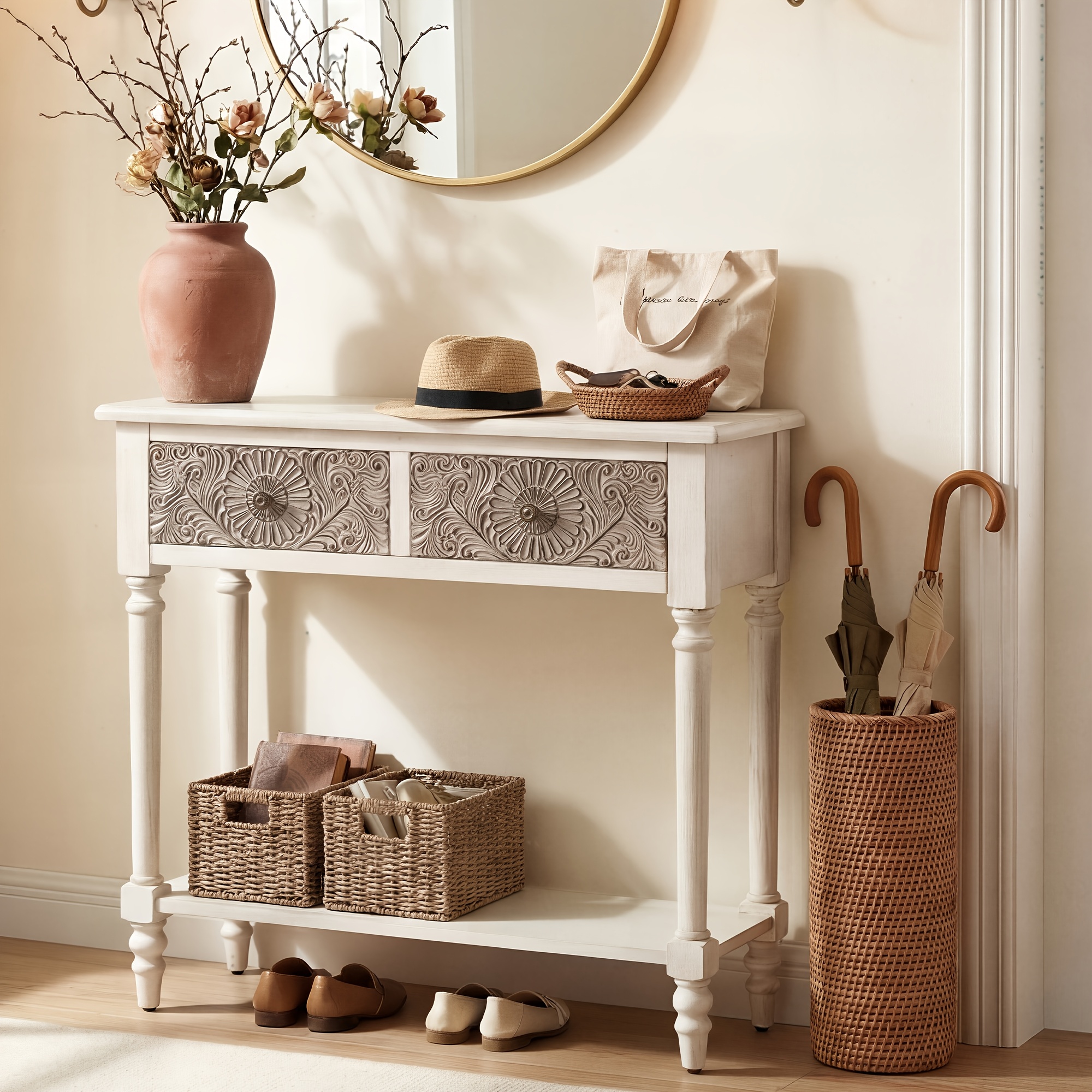 Carved MDF Console Table with 2 Drawers, Sunflower Vintage End Entryway Table for Hallway, Living Room - Antique Style Sofa Table with Floral Engraving, Rustic Accent Furniture