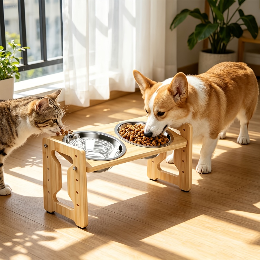 TEMU Elevated Pet Cat Bowls, 15Â° Raised Pet Feeder, Raised Dog Bowl Stand With 2 Stainless Steel Bowls, Elevated Raised Cat Bowls For Large Medium