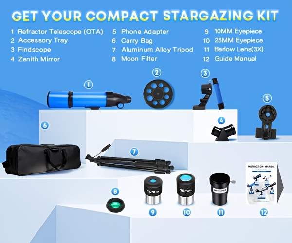 80mm Großöffnungs-Refraktor-Teleskop 180x HD, 600mm Brennweite, 24x-180x Zoom für Sternenbeobachtung Mondbeobachtung. Inklusive Handy-Adapter, Stativ, Barlowlinse, Sucherfernrohr, Mondfilter tragbarer Tragetasche. Ideal für Erwachsene, Studenten Astronomie-Anfänger. Perfekt für Weltraumforschung