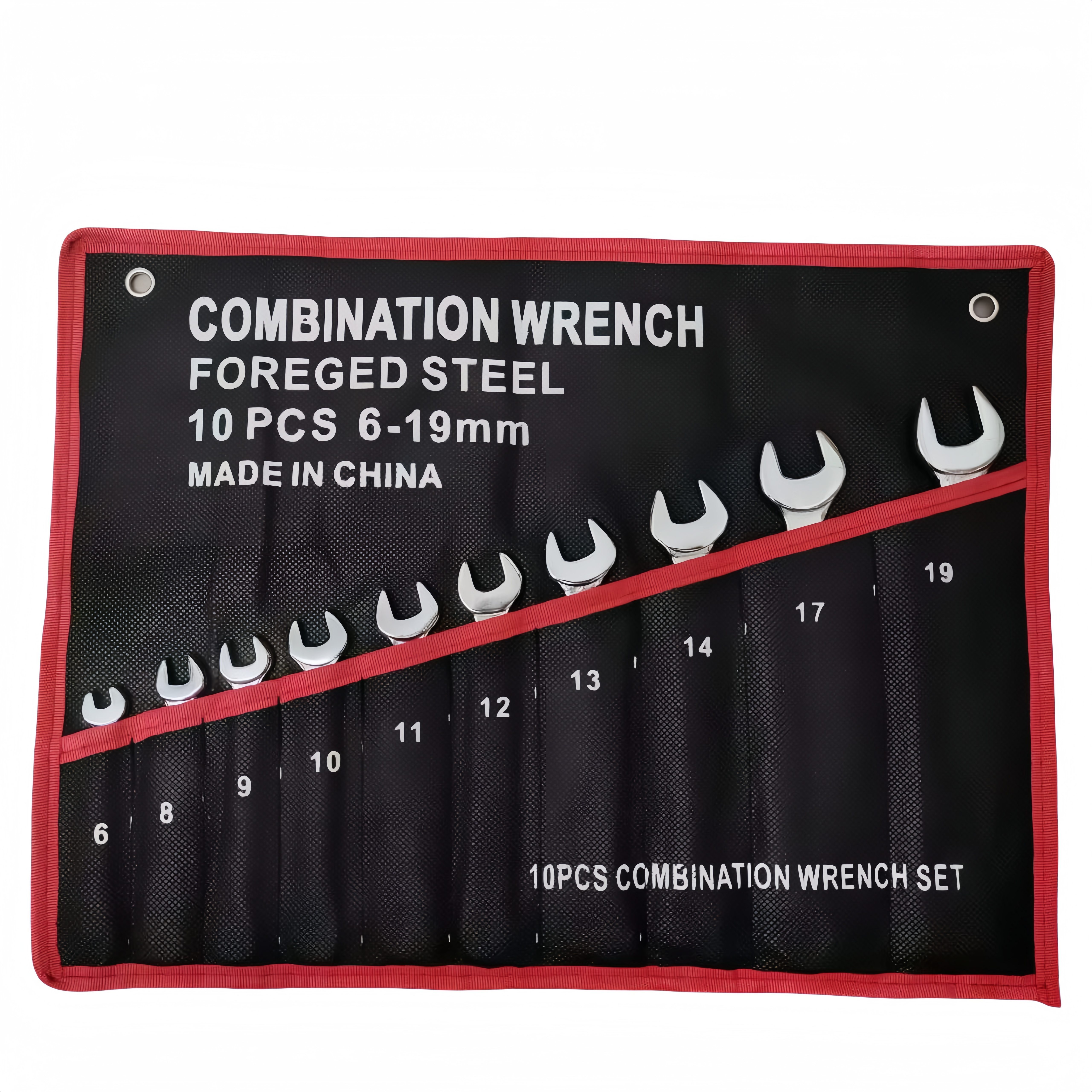 

10pcs Combination Wrench Set, Dual-end & Open-end, Universal Hardware Tools, Thick Canvas Roll Bag With Wall-mount Hole, Steel, Manual