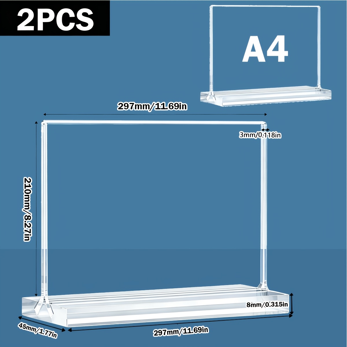 TEMU 2pcs Set Of 2 A4/a5/a6 Double-sided Acrylic Display Stand Cards, Horizontal/vertical Styles - Reusable With Replaceable Inserts, 3mm Thickened