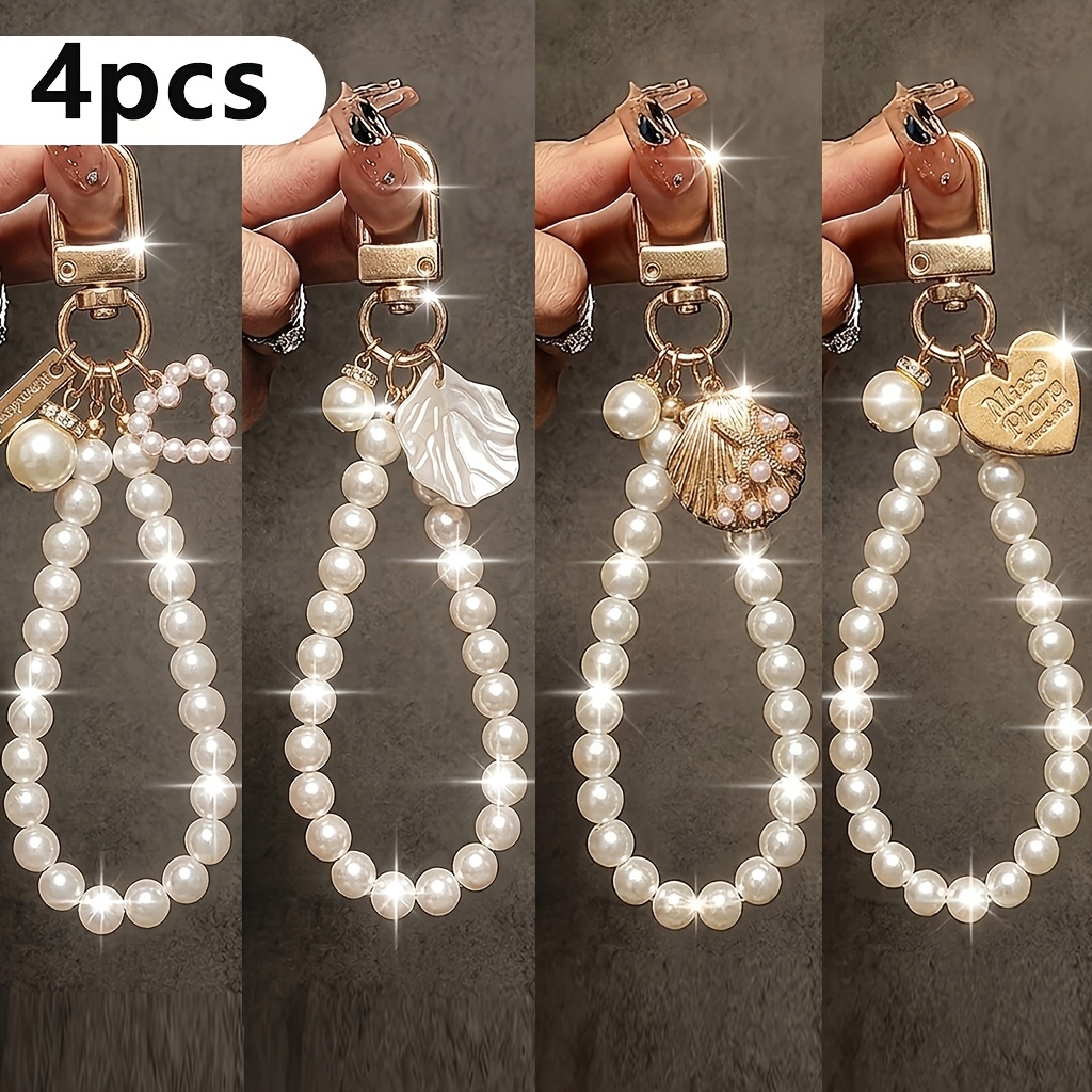 TEMU 4pcs Luxury Instagram-style Pearl Keychain Set, Fashionable Bag Charm And Phone Wrist Strap, Decorative Phone Charm Accessories, Exquisite