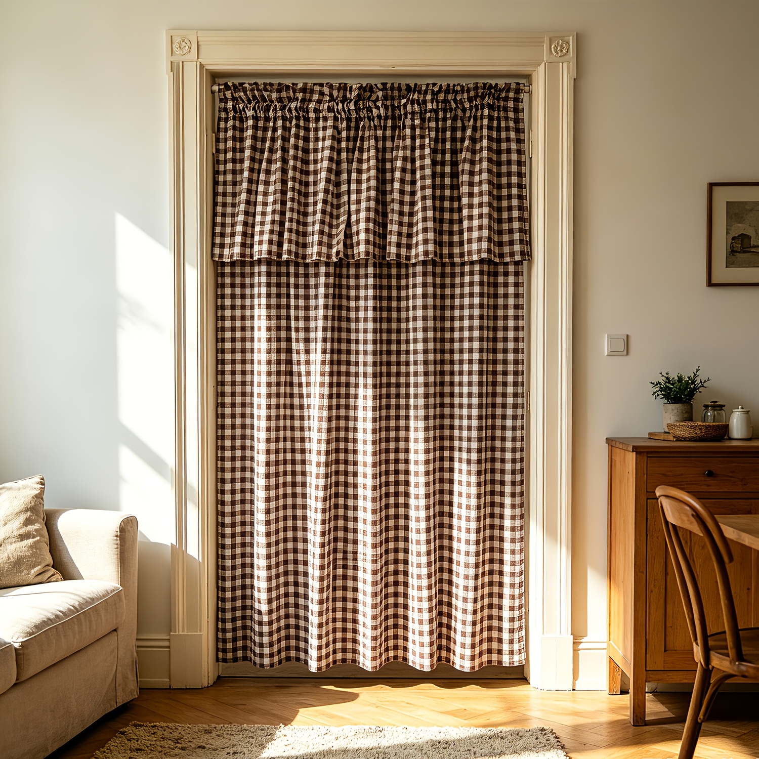 TEMU 1 pièce WPKIRA Panneau de rideau à carreaux vichy café et blanc style ferme - Applique de fenêtre filtrante, séparation de porte, passe-tringle,
