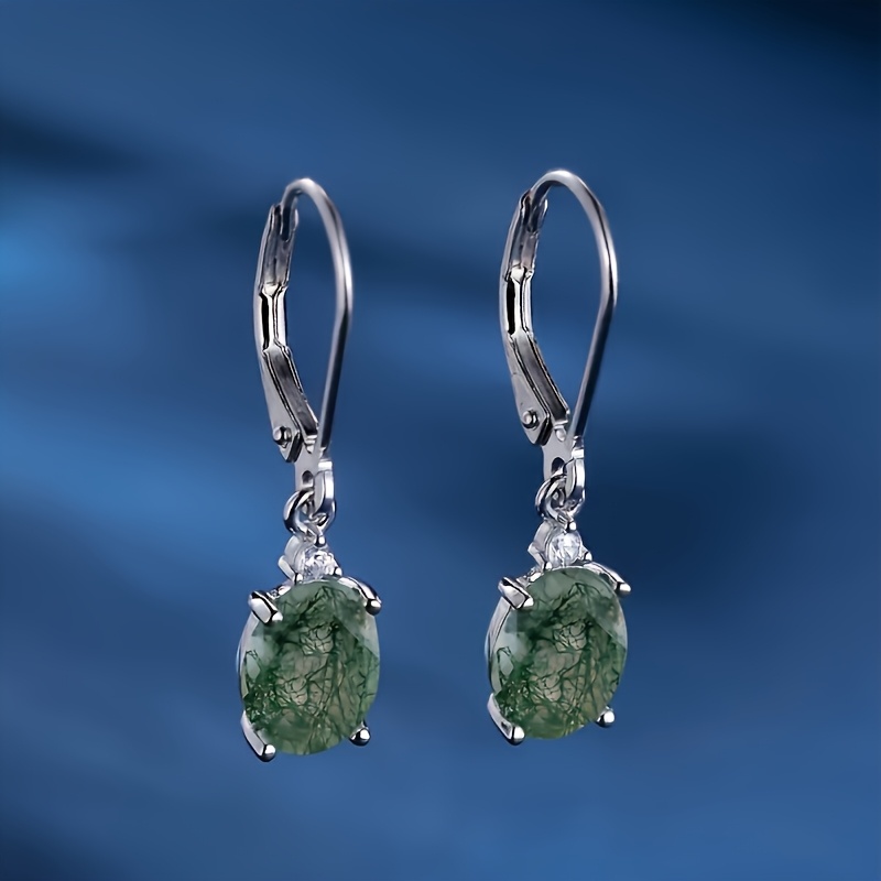 S925 Silver Oval Waterweed Pattern Earrings with Synthetic Zircon