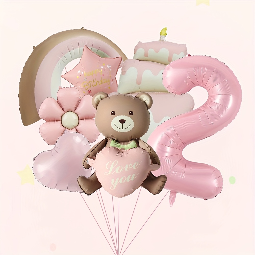 7pcs Pink Bear Holding Heart Rainbow Element Pink Number 1~9 Balloon Set Is Suitable For Bear Theme Lovers, Birthday Parties, Gatherings, Decorations, Shower, Decoration, Supplies