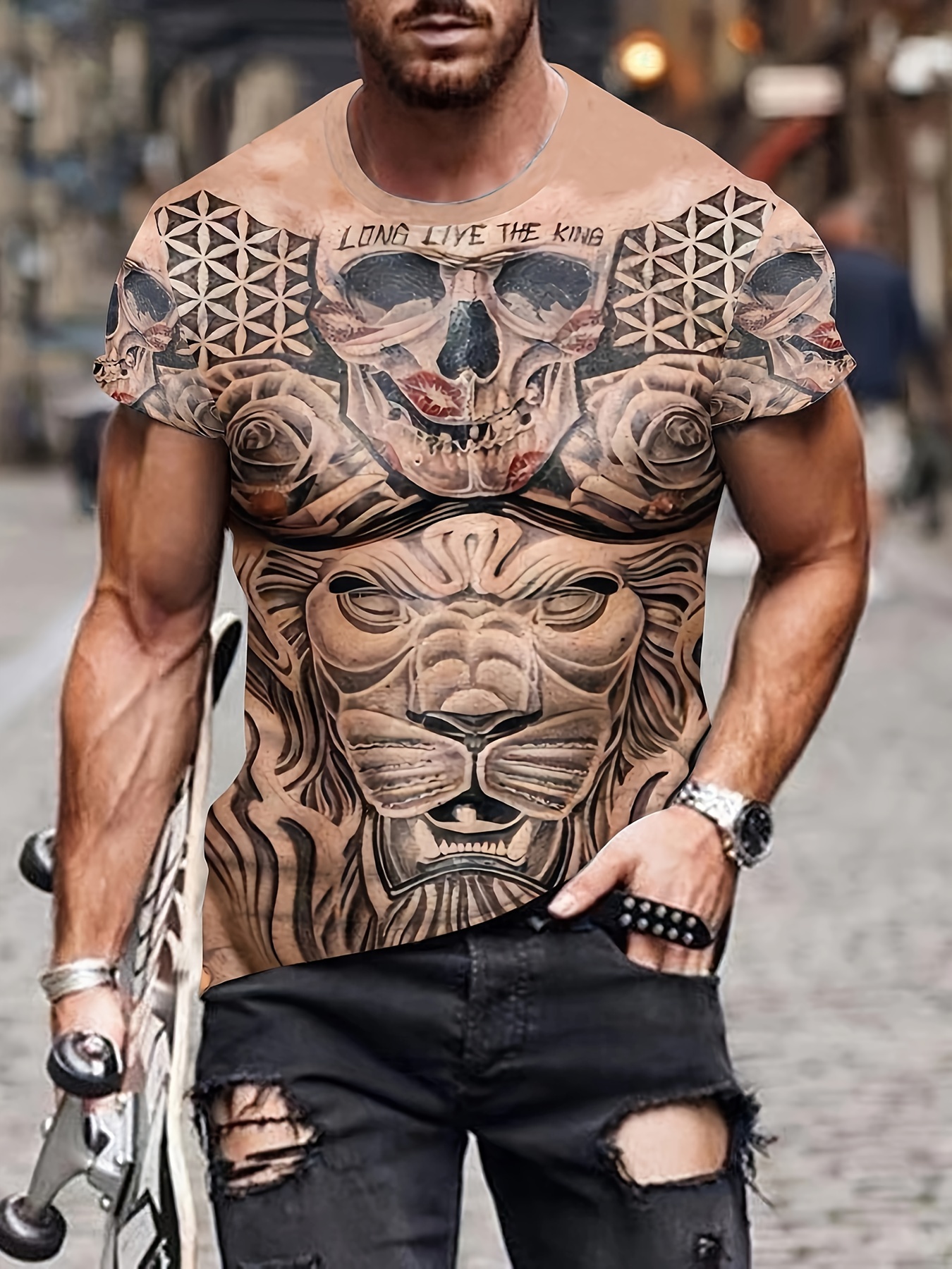 *'* Digital Muscular Body With Skull And Lion Tattoo Graphic Pattern  T-shirt, Crew Neck And Short Sleeve Tee, Summer Fashion For Street Wear