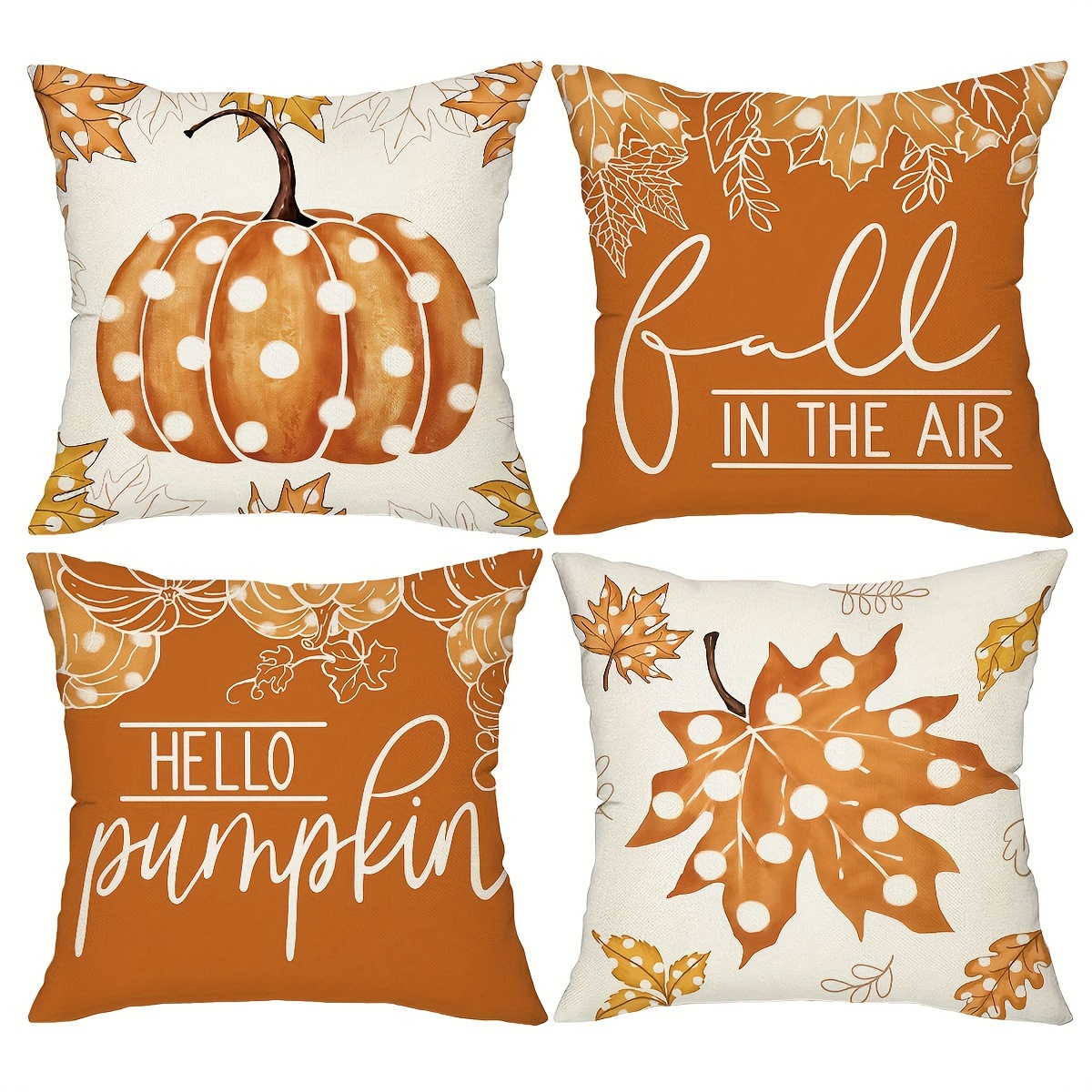 

4-pack Autumn Theme Linen Blend Throw Pillow Covers 18x18 Inch With Zipper Closure, Contemporary Machine Washable Fall Leaf Design For Home Sofa And Various Room Decor - Inserts Not Included