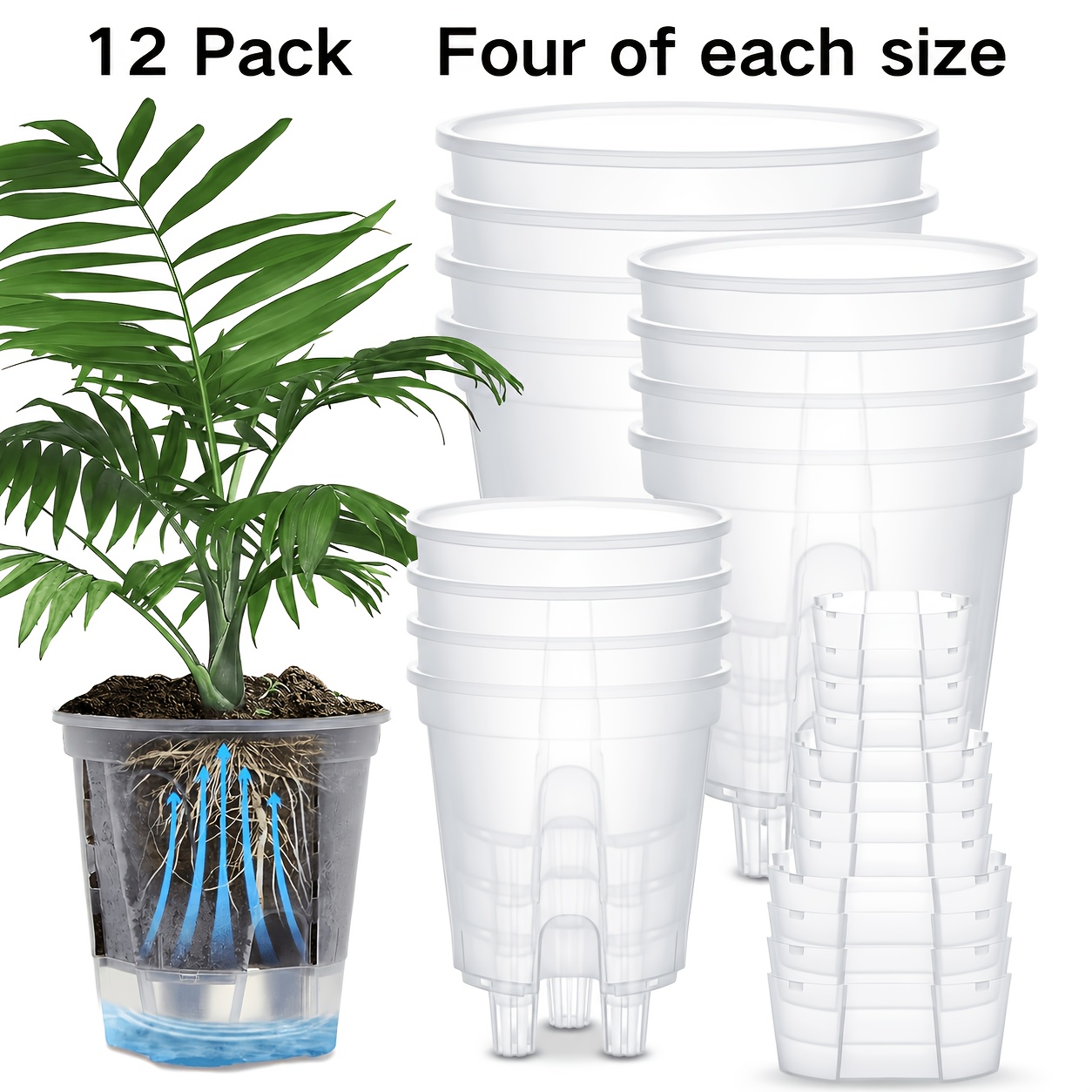 TEMU 12 Pack Clear Nursery Pots With Self-watering Reservoir, 3 Sizes Of Transparent Plastic Indoor Plant Pots (4 Size), Drainage Design For Root