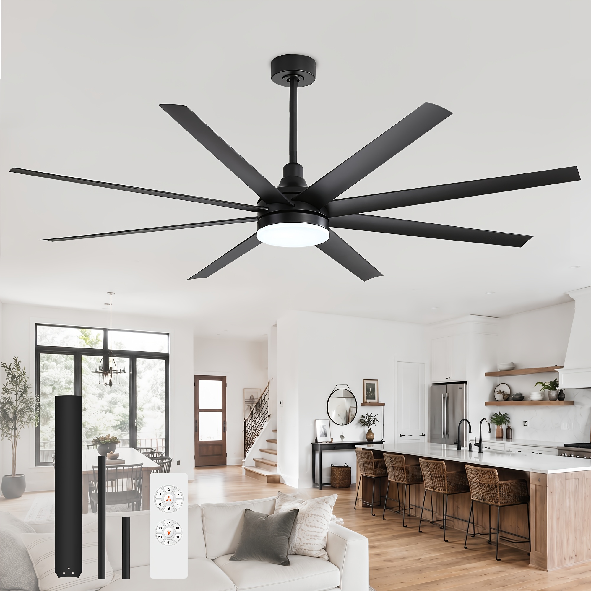 72-inch Ceiling Fan With Light And Remote, 8 Reversible , Quiet Motor, 6-speed, Timer Function, Led Light Chandelier Industrial Ceiling Fan For Bedroom (black)