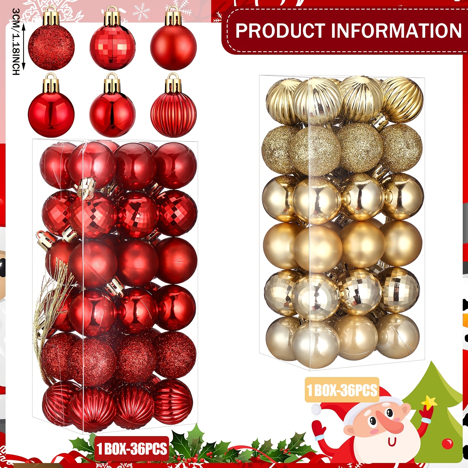 TEMU 72pcs Plastic Christmas Balls Ornaments 1.18", Christmas Tree Decoration, Mini Shatterproof Christmas Tree Decorations Hanging Ball For Holiday