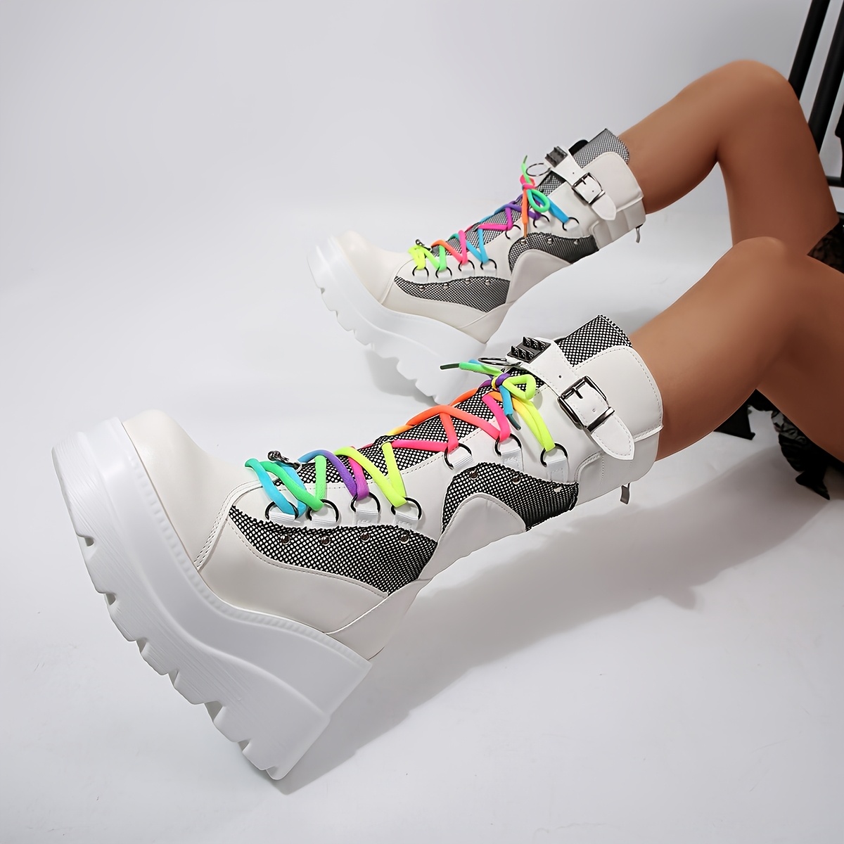 womens y2k punk platform boots black calf combat boots - Temu Cyprus