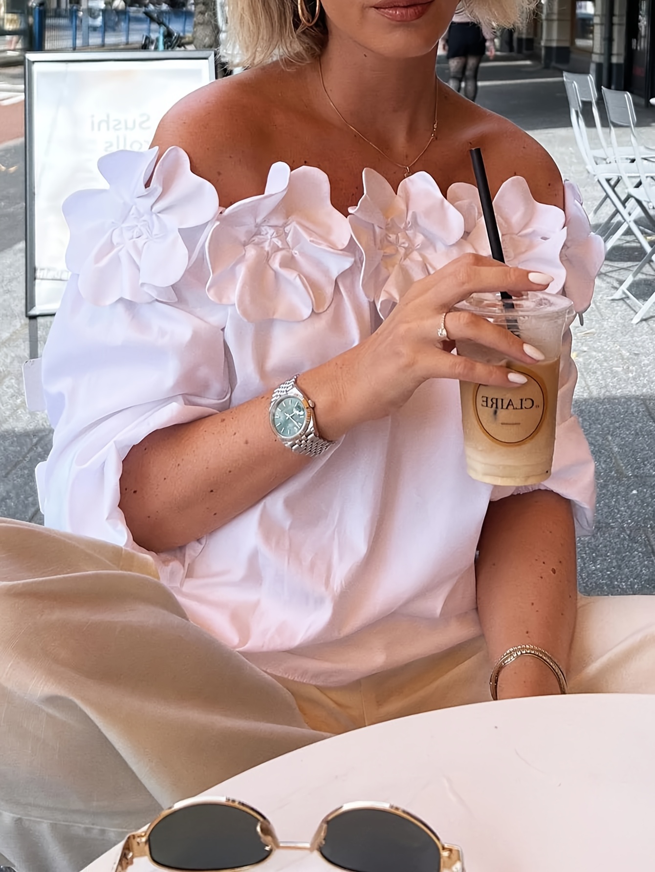 spring summer new off the shoulder elegant 3d floral solid color versatile loose shirt top for women