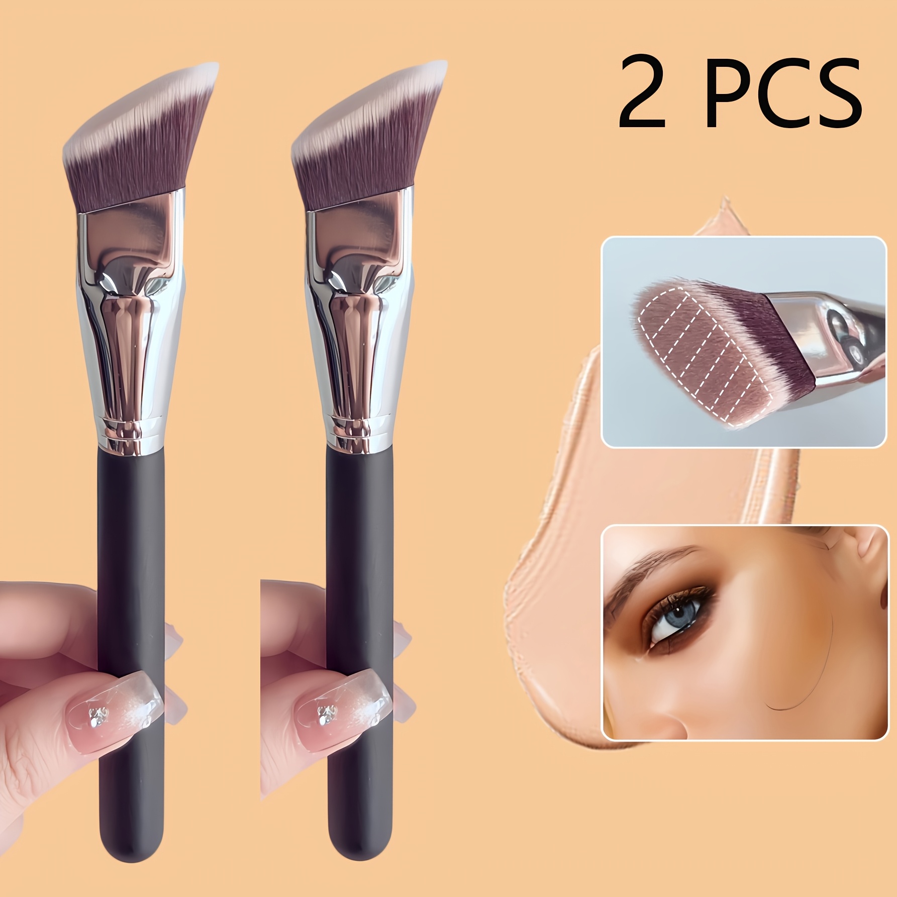 Image of 2pcs Professional Wide-angle Foundation Brush Rectangular Bristles Suitable For Types, For Contouring, Blending, Powder/foundation Application