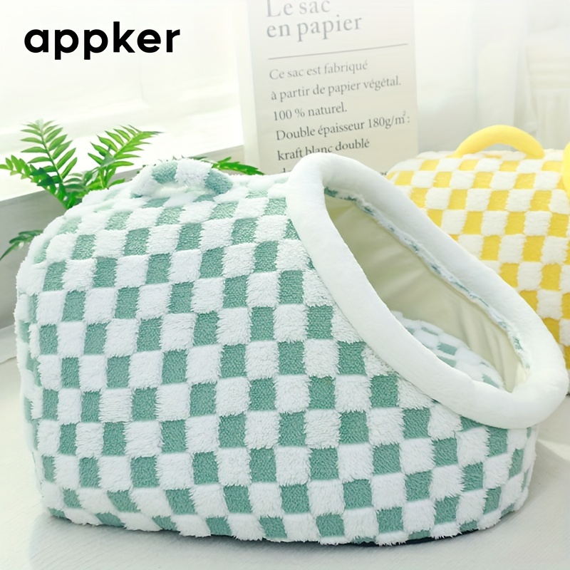   cozy checkerboard plush cat bed semi enclosed soft warm indoor kennel for cats portable and comfortable hideaway   Product details 7