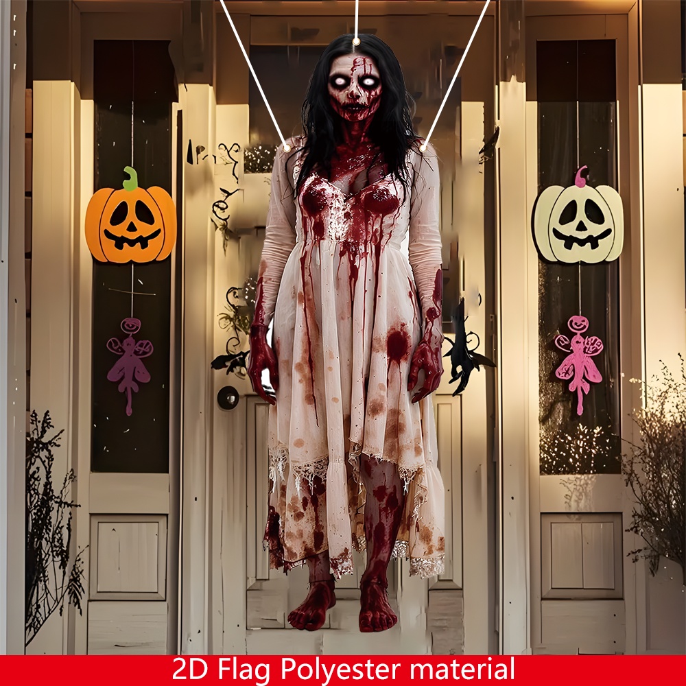 1枚 2d平面 ハロウィンデコレーションフラッグ - ゾンビレディ ドア吊り下げ布 血まみれの戸口付き、屋内/屋外ホラーパーティー背景幕 - 特大サイズ 40.13x119.89cm、高耐久ポリエステル生地 - 電源不要、簡単に吊り下げ可能、お化け屋敷、ポーチ、 レーションに最適 - ハロウィンパーティーや写真展示に最適、不気味な視覚効果、高品質プリント、2d平面