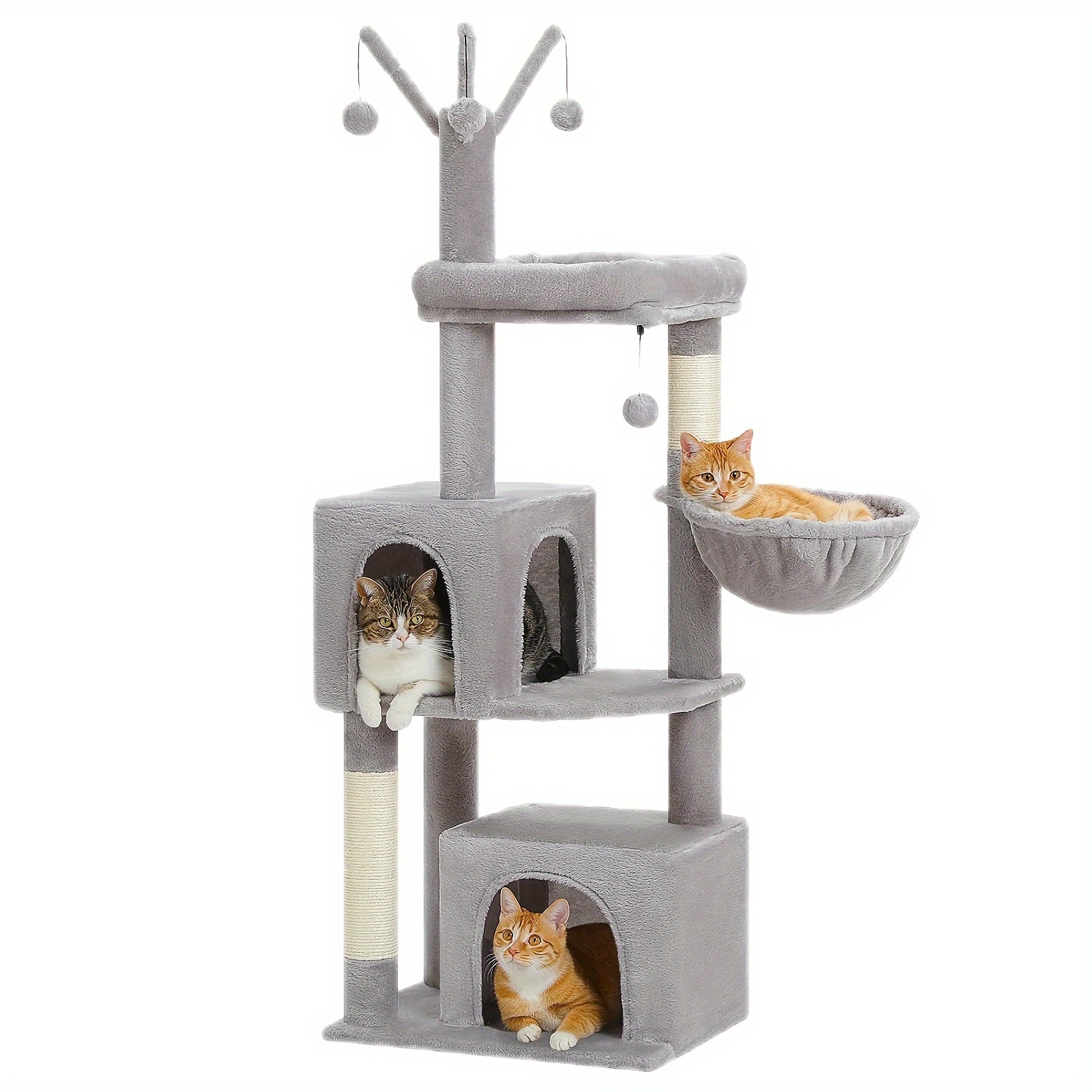 

53" Tall Gray Cat Tree With 2 Cozy Condos, & 3 Scratching Posts - Ideal For Small Cats, Cardboard Construction, Cat