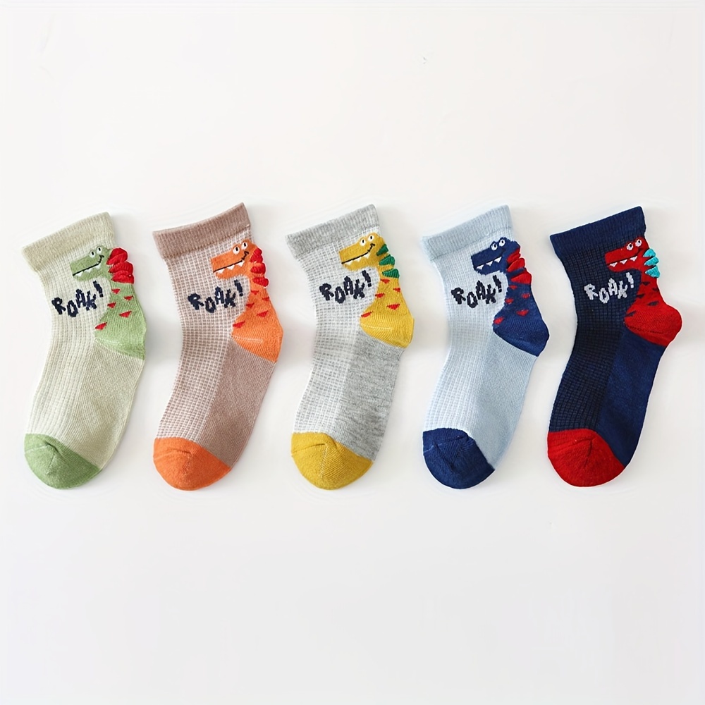 TEMU 5-pair Boys' Socks With 3d Cartoon Dinosaur Pattern, Children's Breathable Mesh Socks