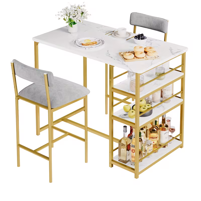 dining table set for 2 bar table and chairs for 2 kitchen table set with 2 upholstered chairs 3 large storage shelves pub table set for small space apartment breakfast golden 11