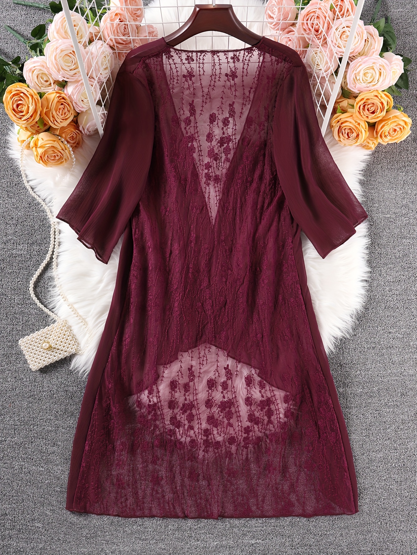 Elegant Plus-Size Coral Chiffon Kimono Cardigan with Lace Detailing - Sheer Half-Sleeve Beach Cover-Up, Machine Washable