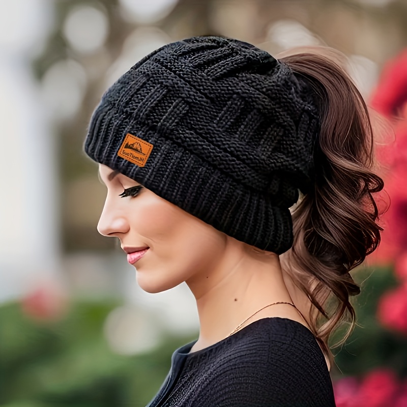 TEMU Women's Ponytail Beanie / Messy Bun Hat / Dreadlock Hat, Available: Black/red/white/gray, Open , Relaxed Loose Fit, Suitable For Outdoor Sports