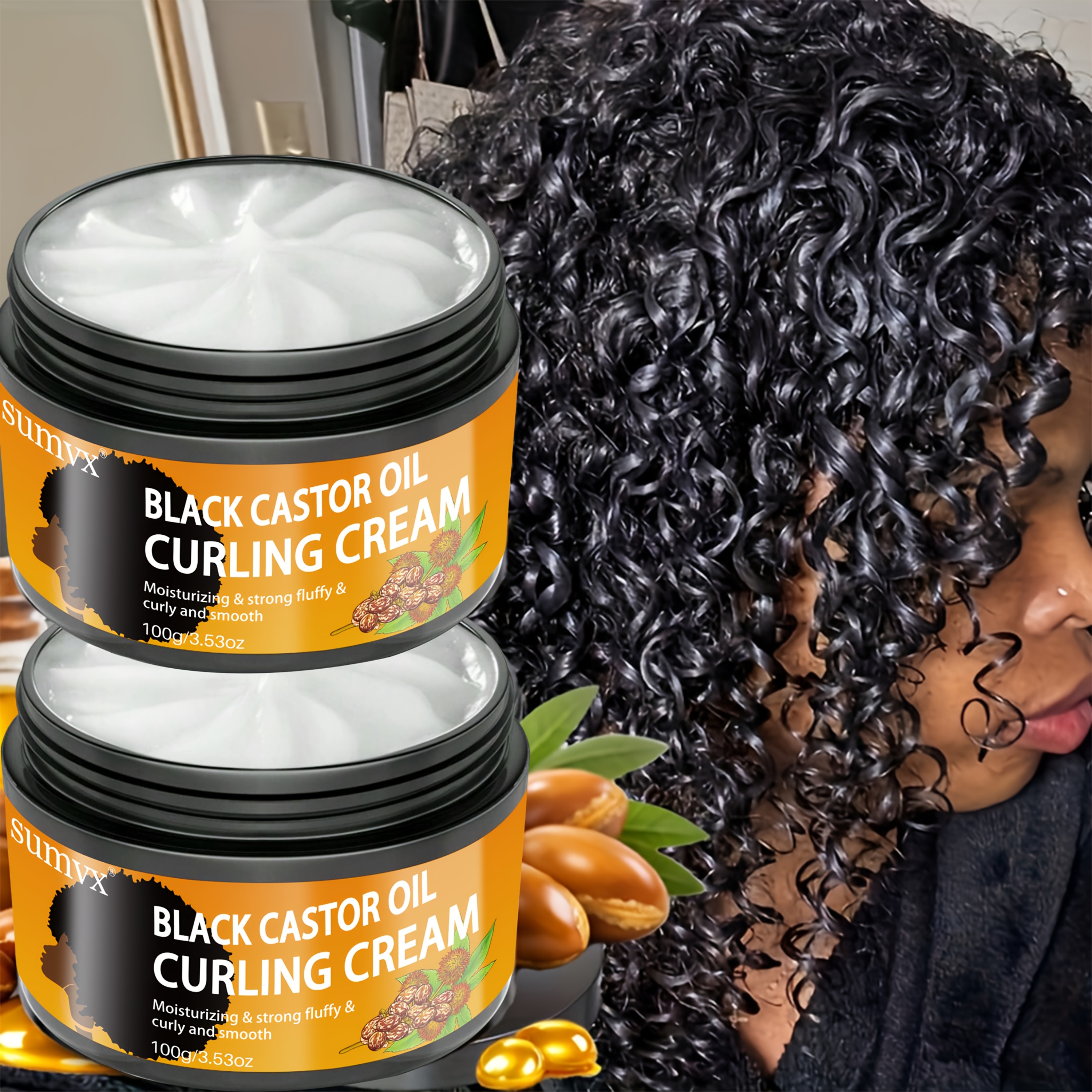 Image of 2pcs, Long-lasting Hold Cream, Strengthening Hair-100g Black Castor Oil Cream-contains Moroccan Argan Oil And Biotin- Curls Moisturized And Bouncy-suitable For Dry And Curly Hair - Unisex