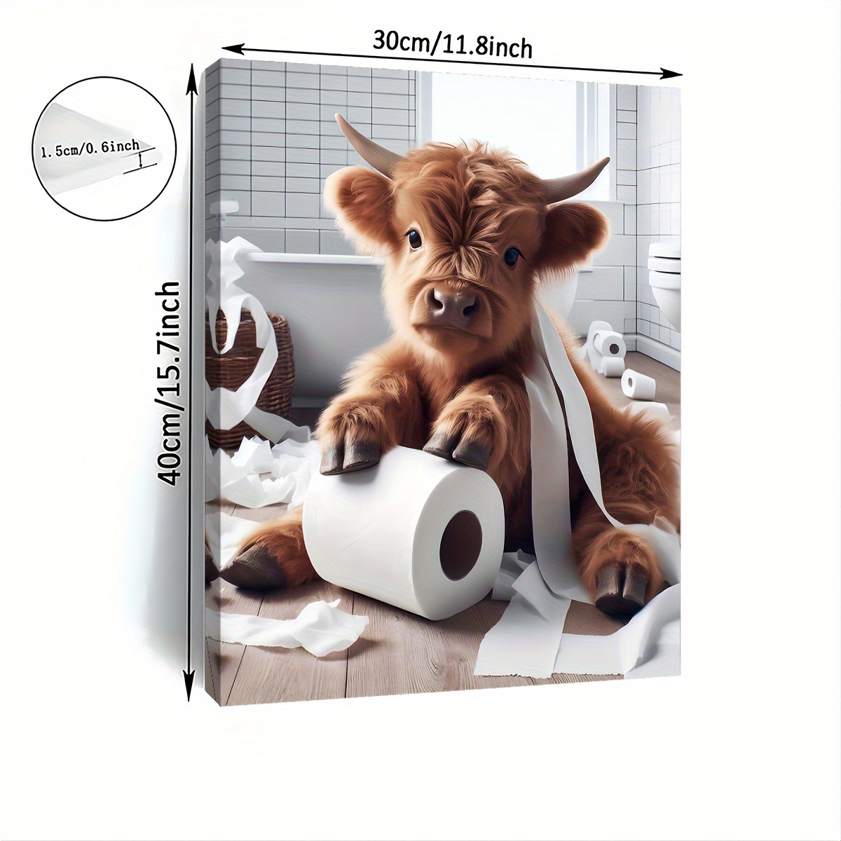 TEMU Whimsical Highland Cow Bathroom Scene Canvas Art - Wooden Framed Wall Print 11.8x15.7 Inches, Humorous Animal Decor For Living Room, Bedroom,