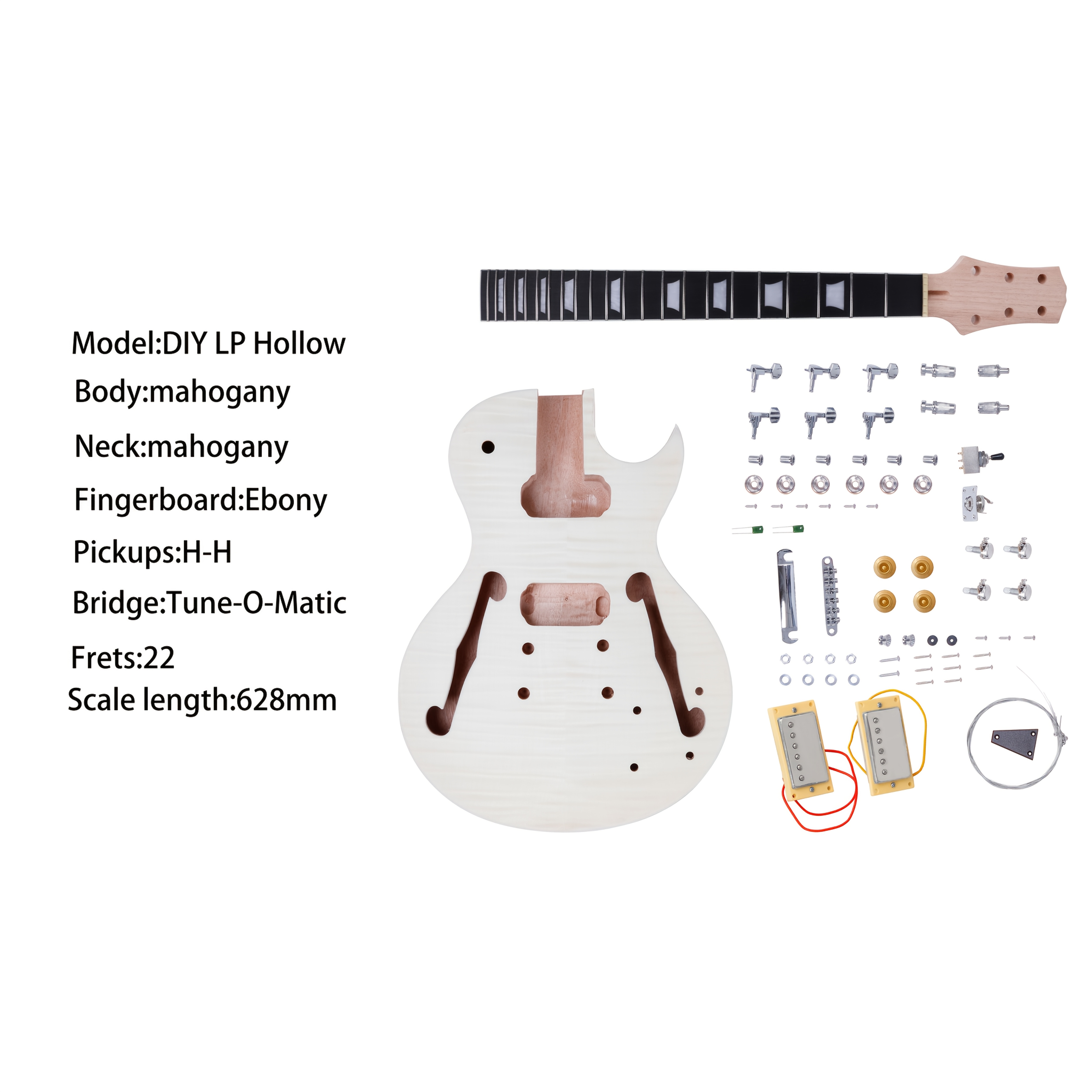 Leo Jaymz 1pc DIY Electric Guitar Kit - S-S-S Pickup Configuration, Ebony Fretboard, Maple Neck, Mahogany Body - Single Tremolo Bridge, 22 Frets, Fully Enclosed Tuning Pegs, Room Electrical Wiring