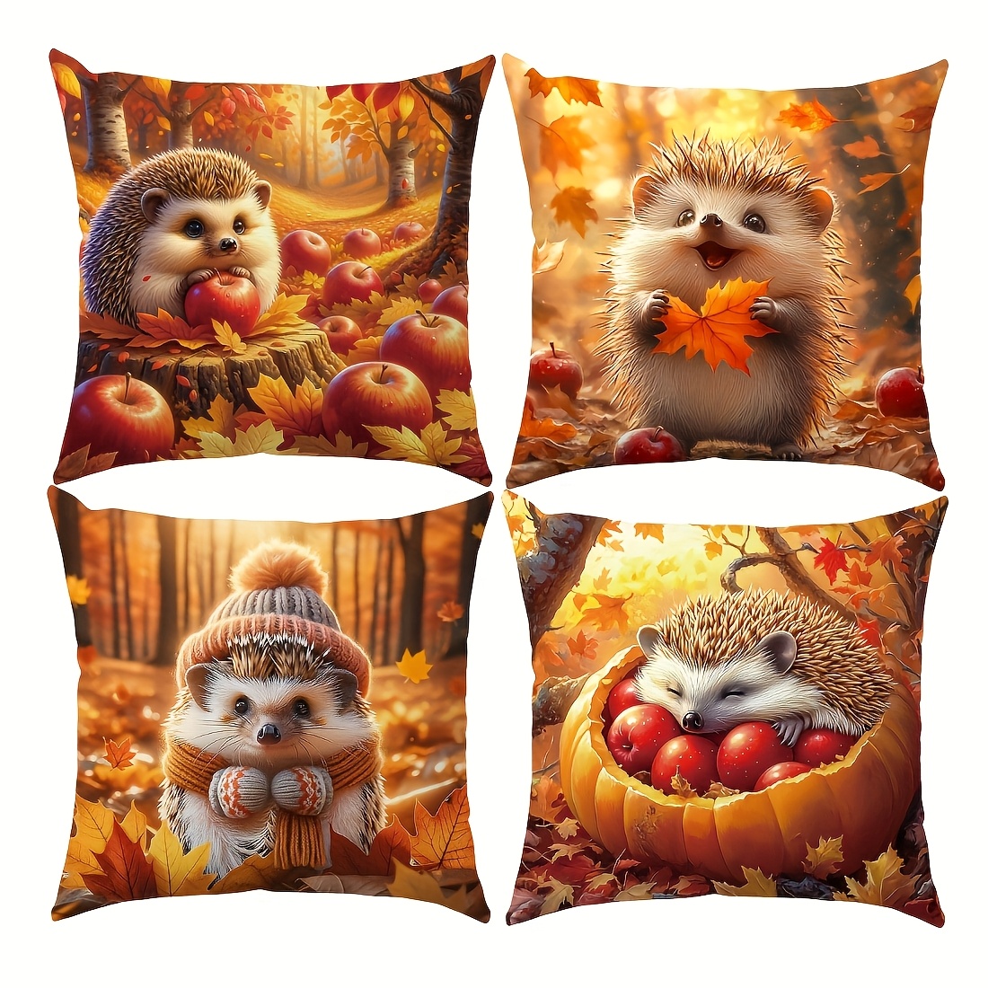 TEMU 4pcs Double Sided Printed Throw Pillow Covers, Hedgehog Pattern 100% Polyester Cushion Cases, Home Decor For Sofa Chair, Pillow Inserts Not