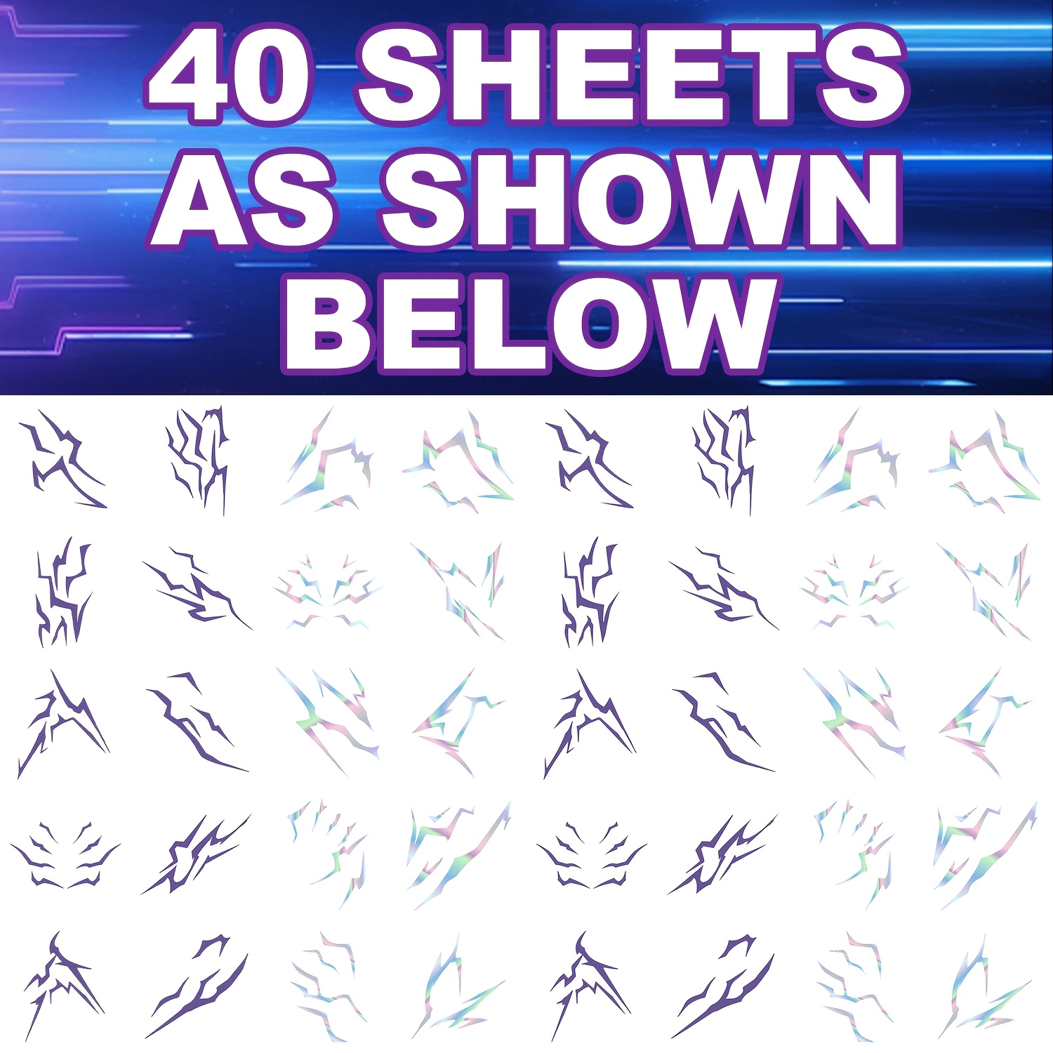 Image of Inspired Temporary Tattoos 40pcs Cyberpunk Lightning Holographic Foil Designs, Purple Iridescent Fake Tattoos For Cosplay, Parties & Festivals
