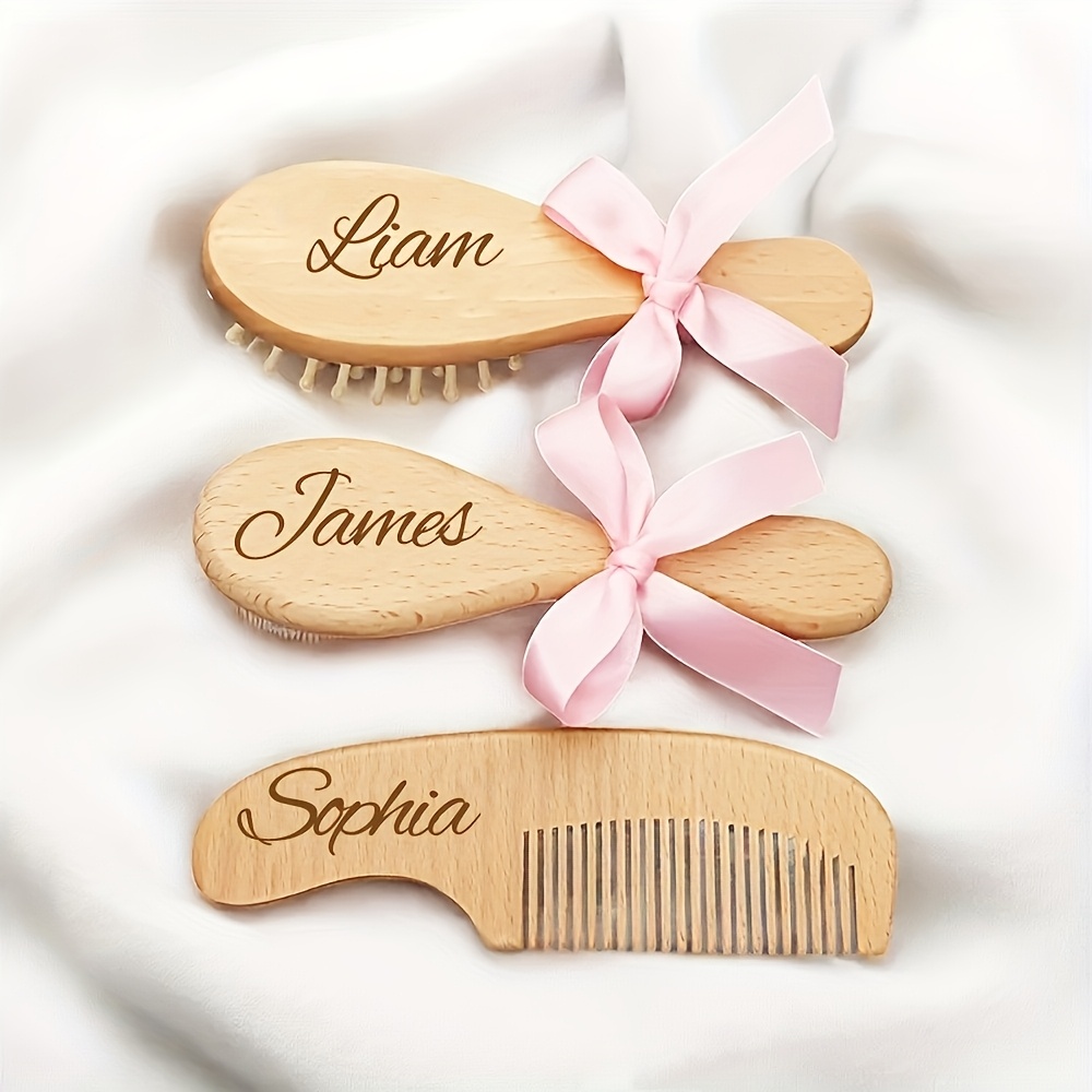 TEMU Custom-designed Name Hairbrush 3pcs Set, A Personalized Wooden Hairbrush And Comb Set, Made Of Solid Wood, Sturdy And Durable, Suitable For