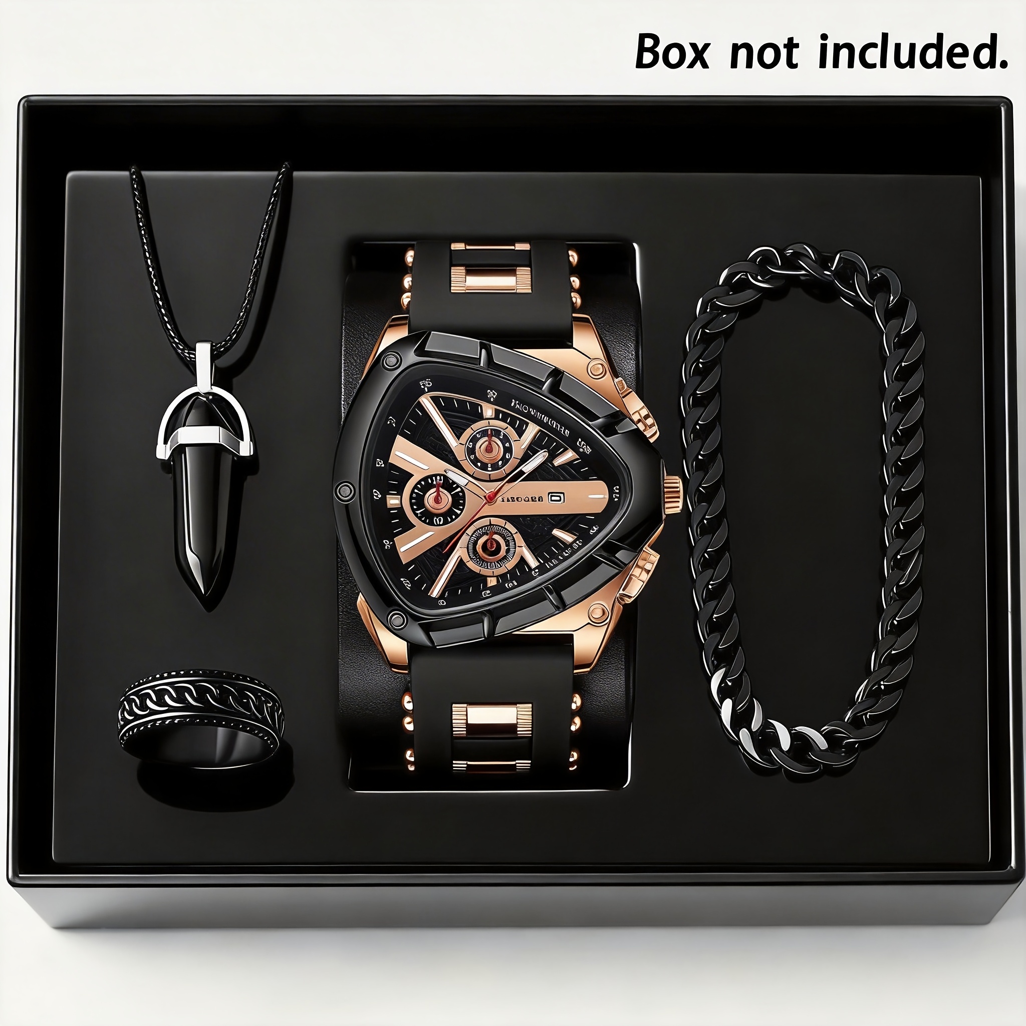 4pcs *'s * Casual Quartz Watch Set with Necklace, Bracelet, and Ring Jewelry. Features an Alloy Case, Triangular Dial, and Comfortable Silicone Strap. A Trendy Classic Watch Suitable for Daily Wear or Special Occasions image 4