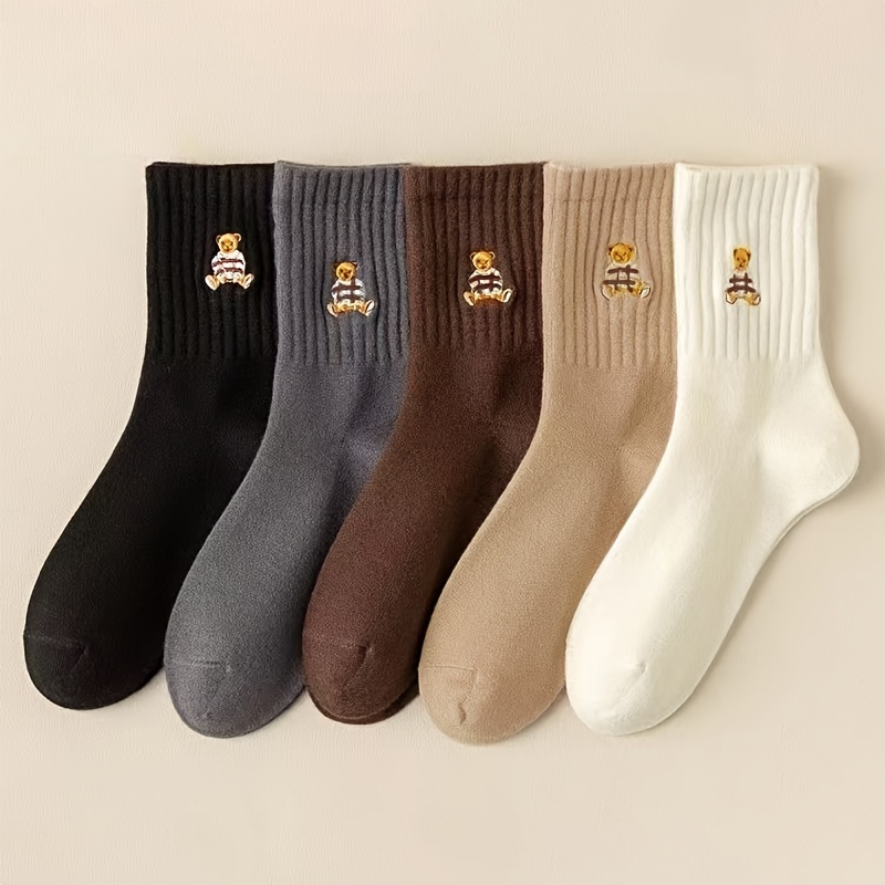 

5pcs 's Bear Embroidered Mid- - , & For Fall/, , Washable