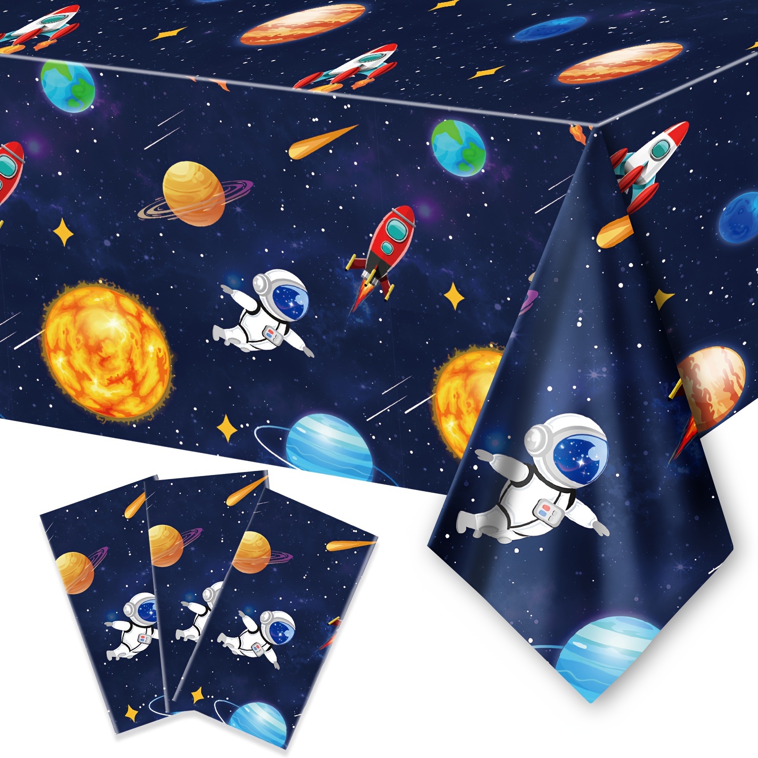 

Space-themed Cartoon Table Cover: Astronauts, , And Planets - Perfect For Space Enthusiasts