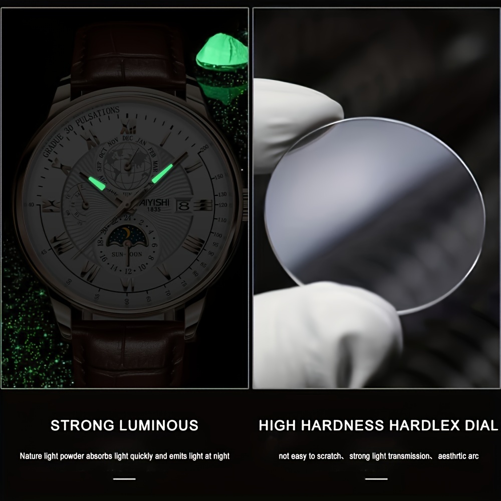 leisure pointer display pu leather strap with luminous calendar display for mens watches a gift for dad details 5