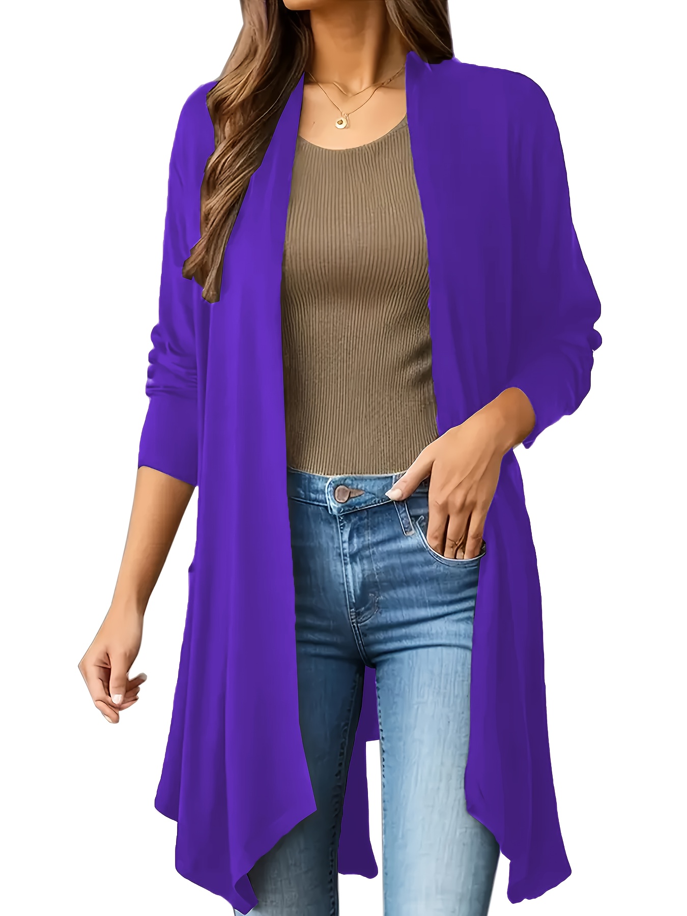 Plus Size, Women's Elegant Solid Color 3/4 Sleeve Drop Shoulder Cardigan  Open Front Ruching Detail, Stand Collar Lightweight Sweater for Spring Summ