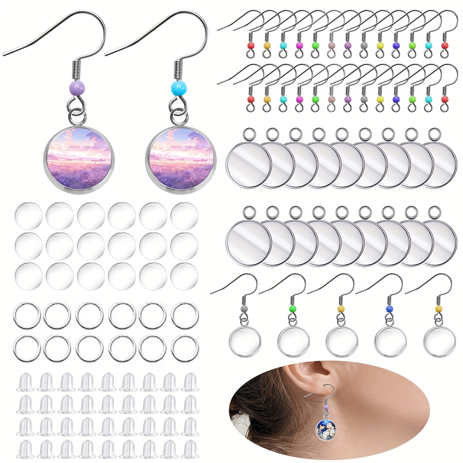 

260pcs Stainless Steel Earring Making Kit - Supplies With Color Ball Hooks, Glass Cabochons, Jump Rings, And Silicone Backs For Custom Earrings