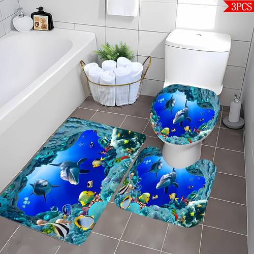 item picture jit3pcs carpet set flat ocean theme plush mats for shower bathtub and toilet with non slip backing soft absorbent and machine washable