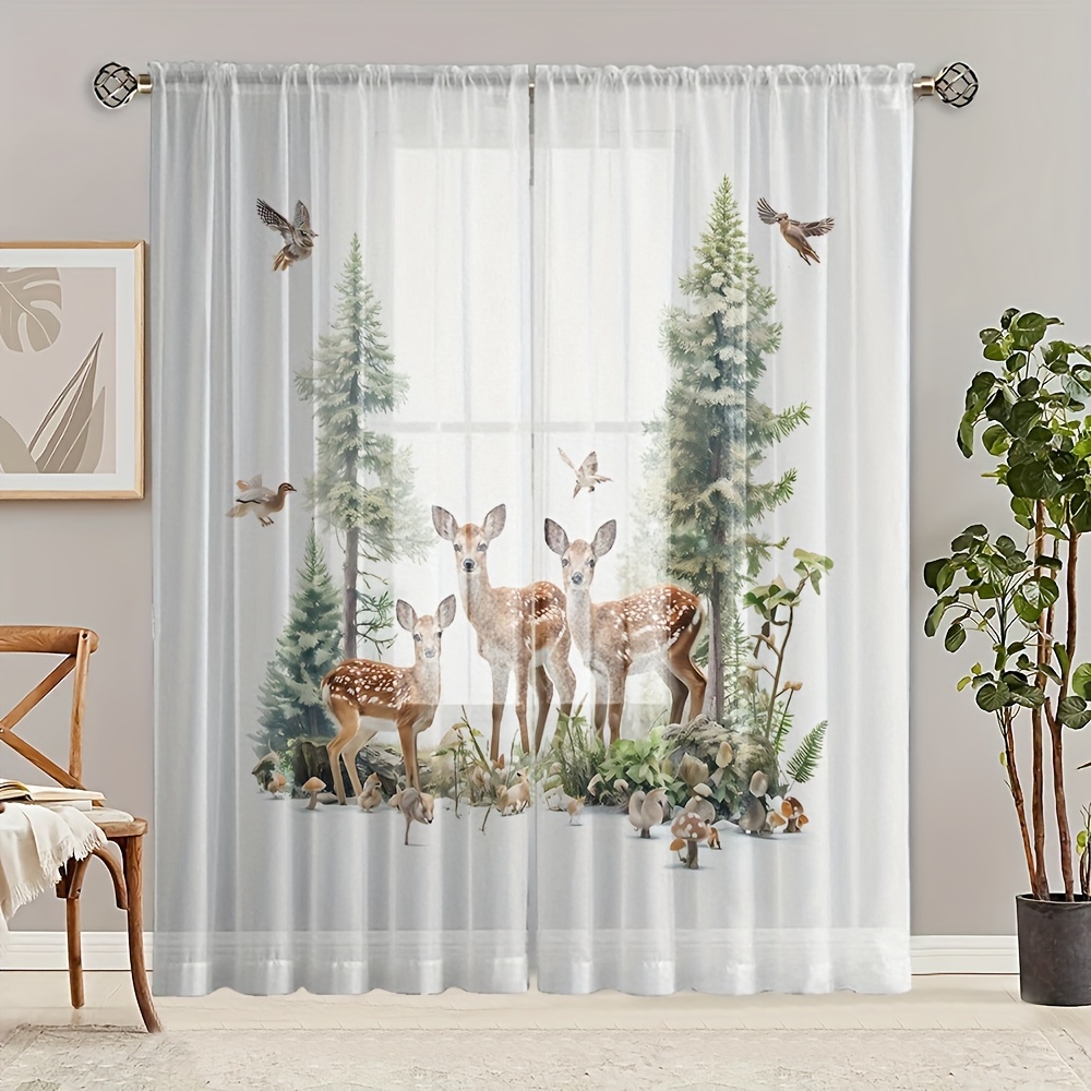 

2pcs Forest Deer Pattern Semi-sheer Curtains, Rod Pocket Decorative Window Curtains, Window Treatments For Bedroom Living Room, Home Decoration, Room Decoration