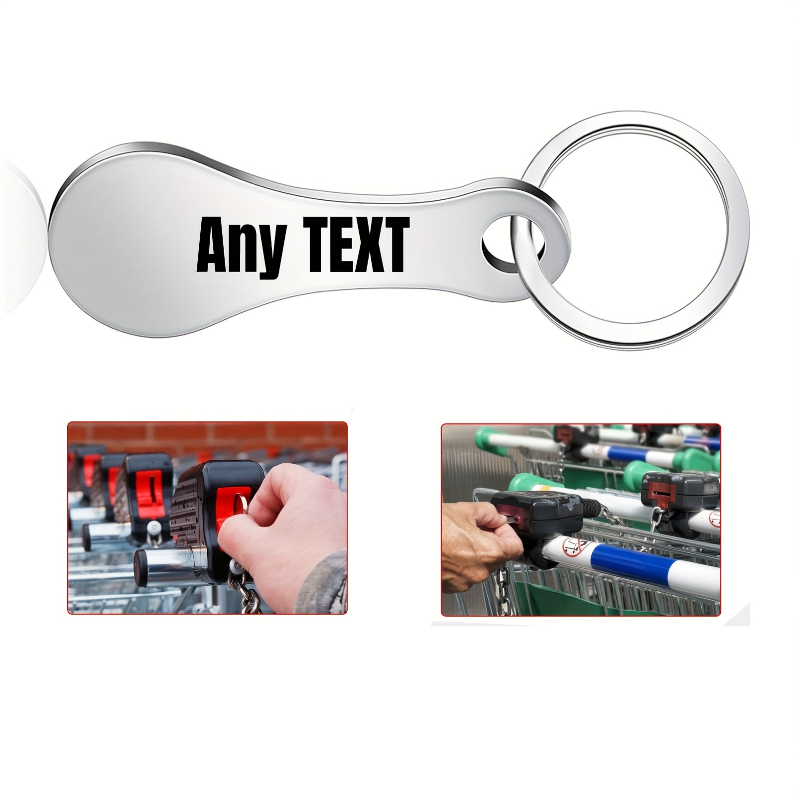 Image of Custom Stainless Steel Shopping Cart Token Keychain, Personalize With Any Text, Laser Engraved On Sides, Custom Text Keychain, Personalized Phone Number, Loss Prevention Information.