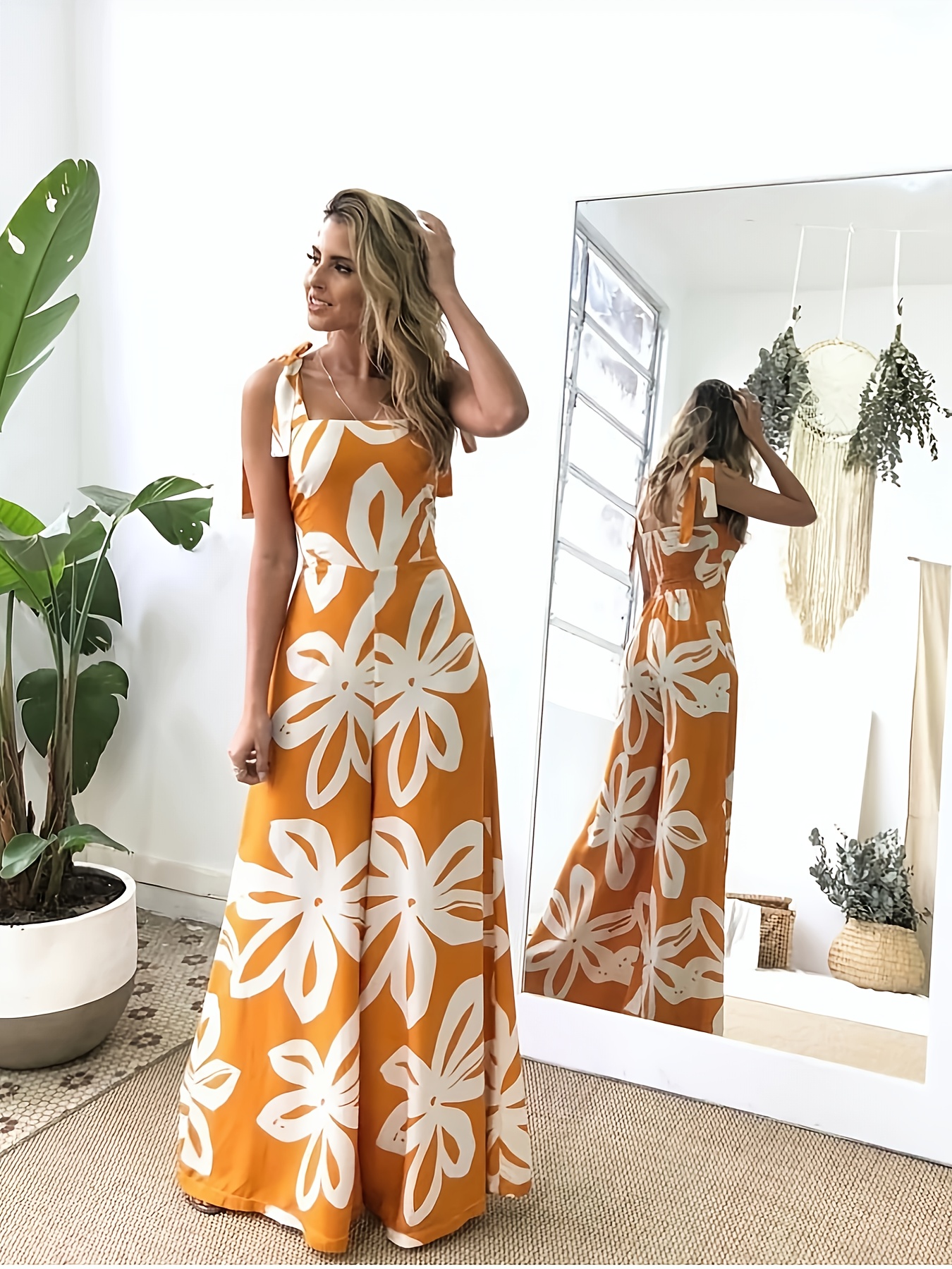 2025 Summer Tropical Print Waist-Cinched Fashion Vacation Style Pantsuit Casual Resort Dress Women's Tie-Design Off-Shoulder One-Piece Dress Elegant Sleeveless Gown