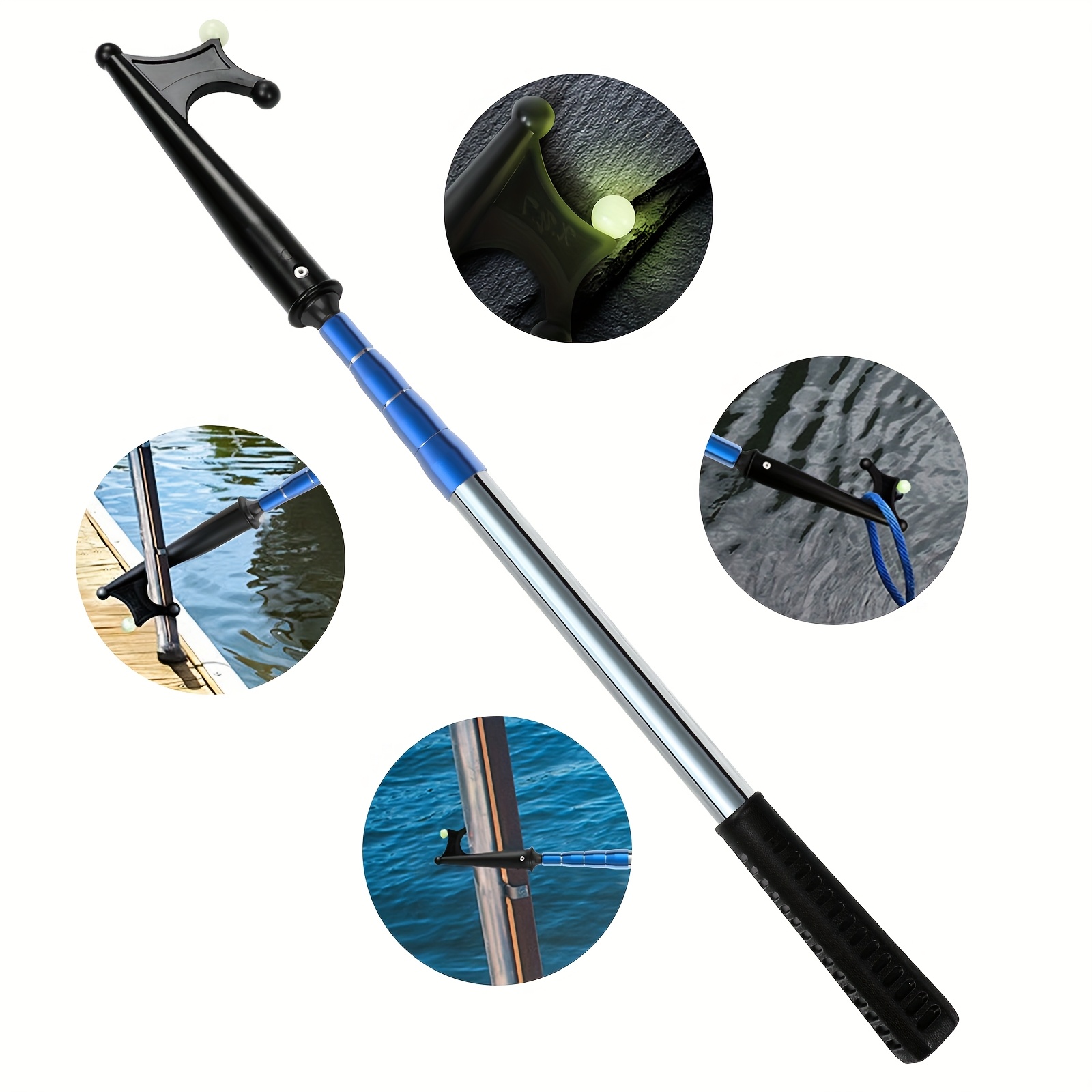 KOMCLUB Raffio Pêche Télescopique en alliage d'Aluminium Accessoires pour la pêche avec crochet de pêche et poignée en caoutchouc, Adapté pour la pêche en eau douce et Salat, 140 cm-bleu