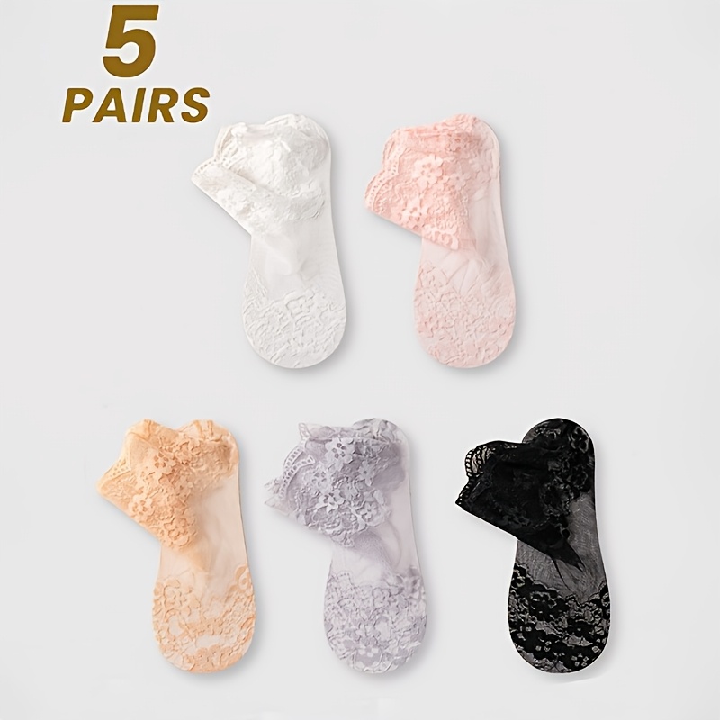 TEMU 5 Pairs Women's Lace Invisible Boat Socks Floral Sheer Lace Low-cut Socks With Silicone Non-slip Sole Breathable Soft Low-cut Dress Socks