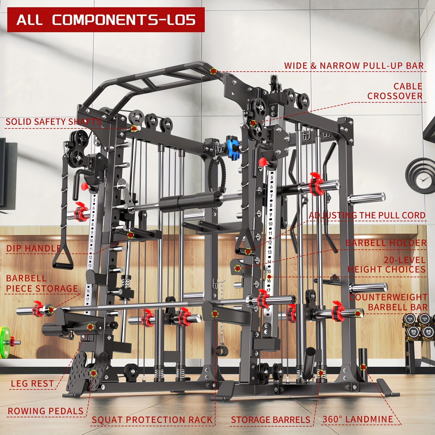 machine multi function squat rack   l05 with cable crossover system strength training equipment with   weight bench barbell weight set for home gym Product details 0