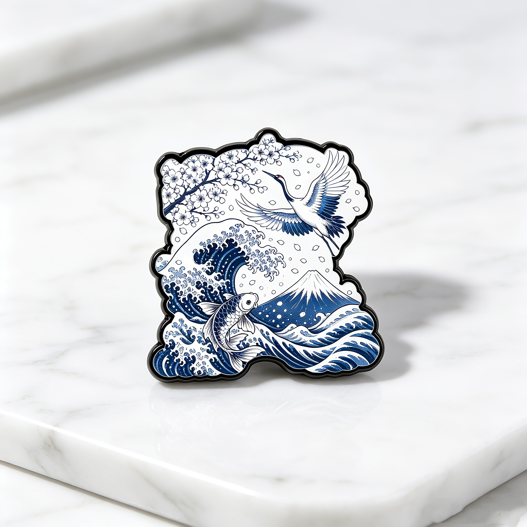 TEMU Blue And White -e Scenery Badge, Featuring Ocean Waves, , Koi Fish, And Cherry Elements. An Artistic And Elegant Badge Suitable For Backpacks,