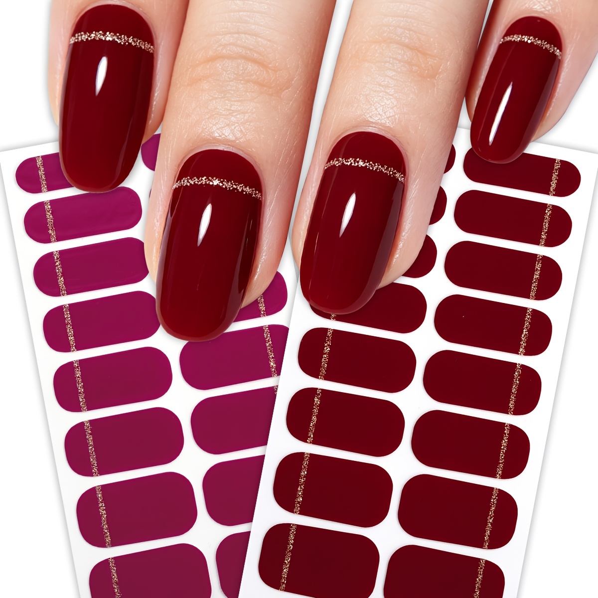 TEMU 32pcs Elegant Golden Glitter French Nail Stickers, Glossy Burgundy Magenta Solid Color Self-adhesive Nail Wraps For Nail Art Diy