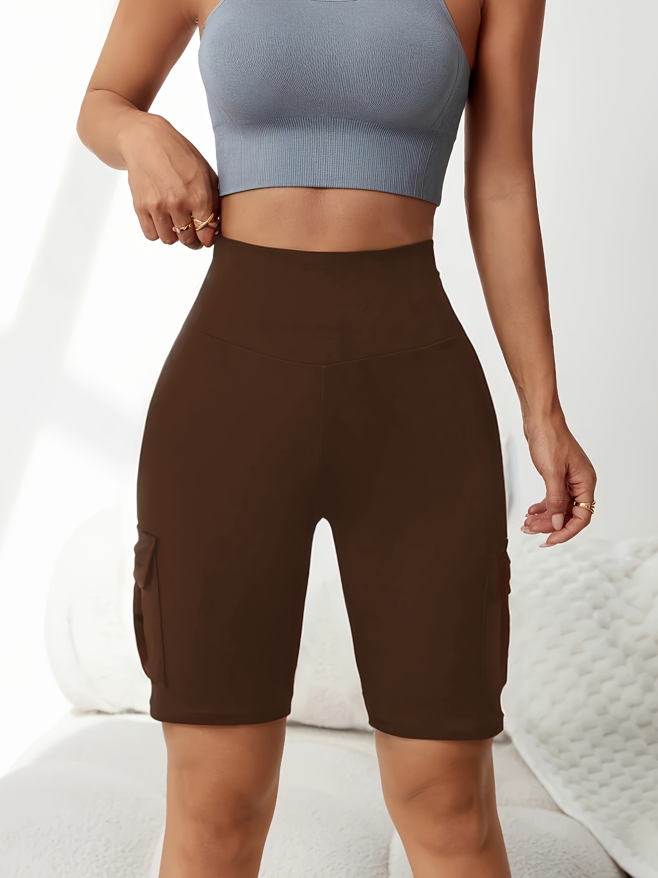 womens multi pocket cargo shorts elastic drawstring waist   length athletic shorts suitable for spring summer machine washable solid color casual athletic shorts   apparel non sheer fabric suitable for hiking riding yoga